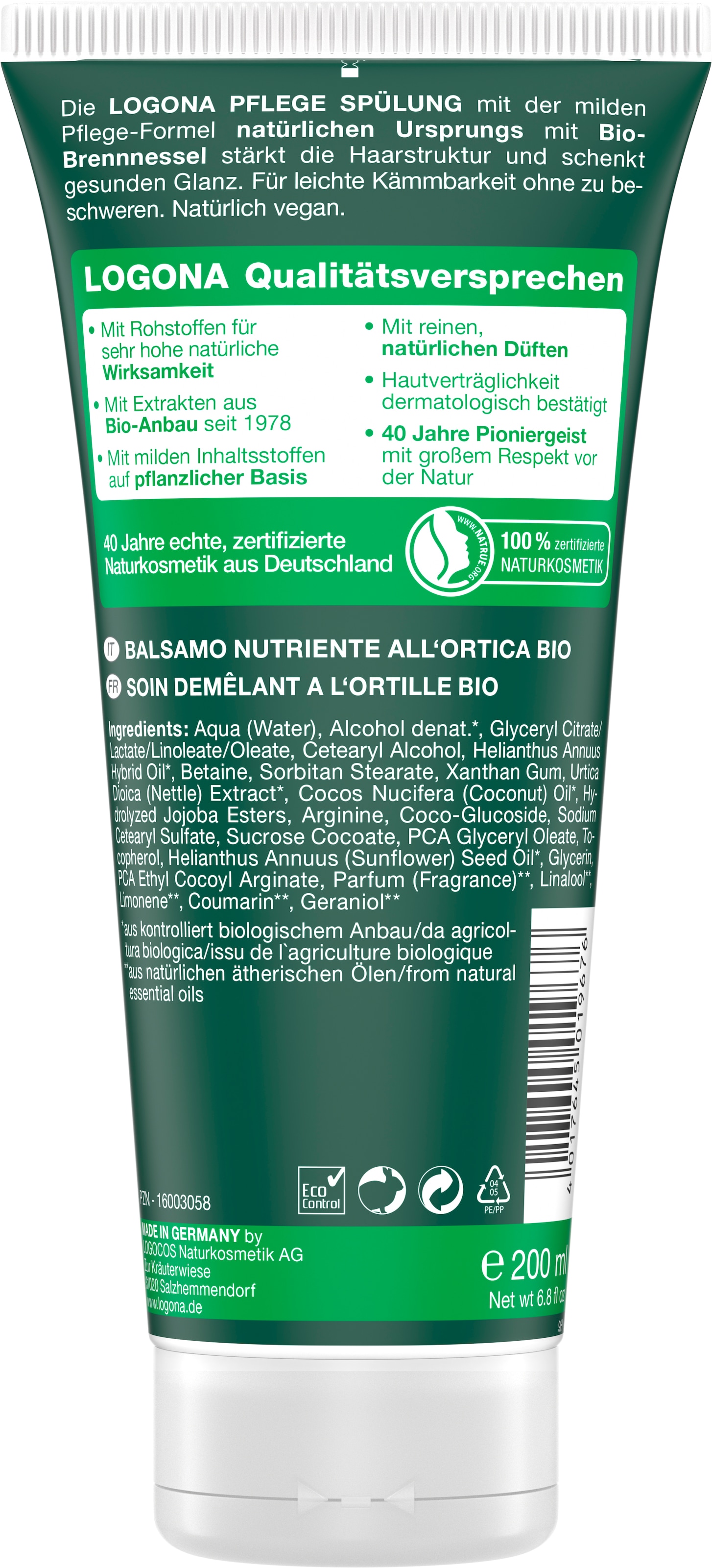 LOGONA Haarspülung »Brennessel Pflegesppülung« Haarspülung, mit Brennnesselextrakt, Kokosöl und Sonnenblumenöl, vegan