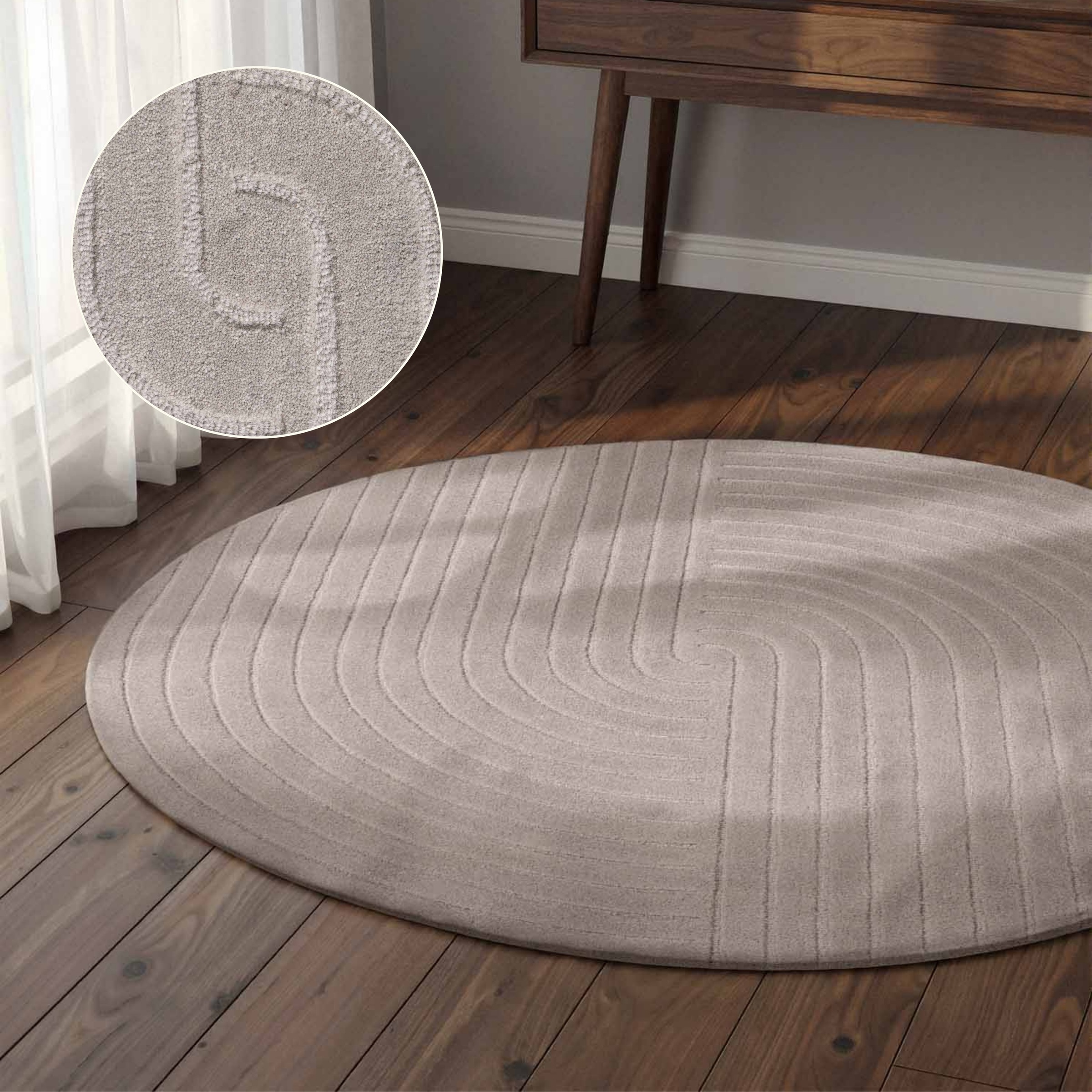 THE RUGS Vikosa Arcura Wool Rug Abstract Living Room in Light Grey | Size: 200cm diameter