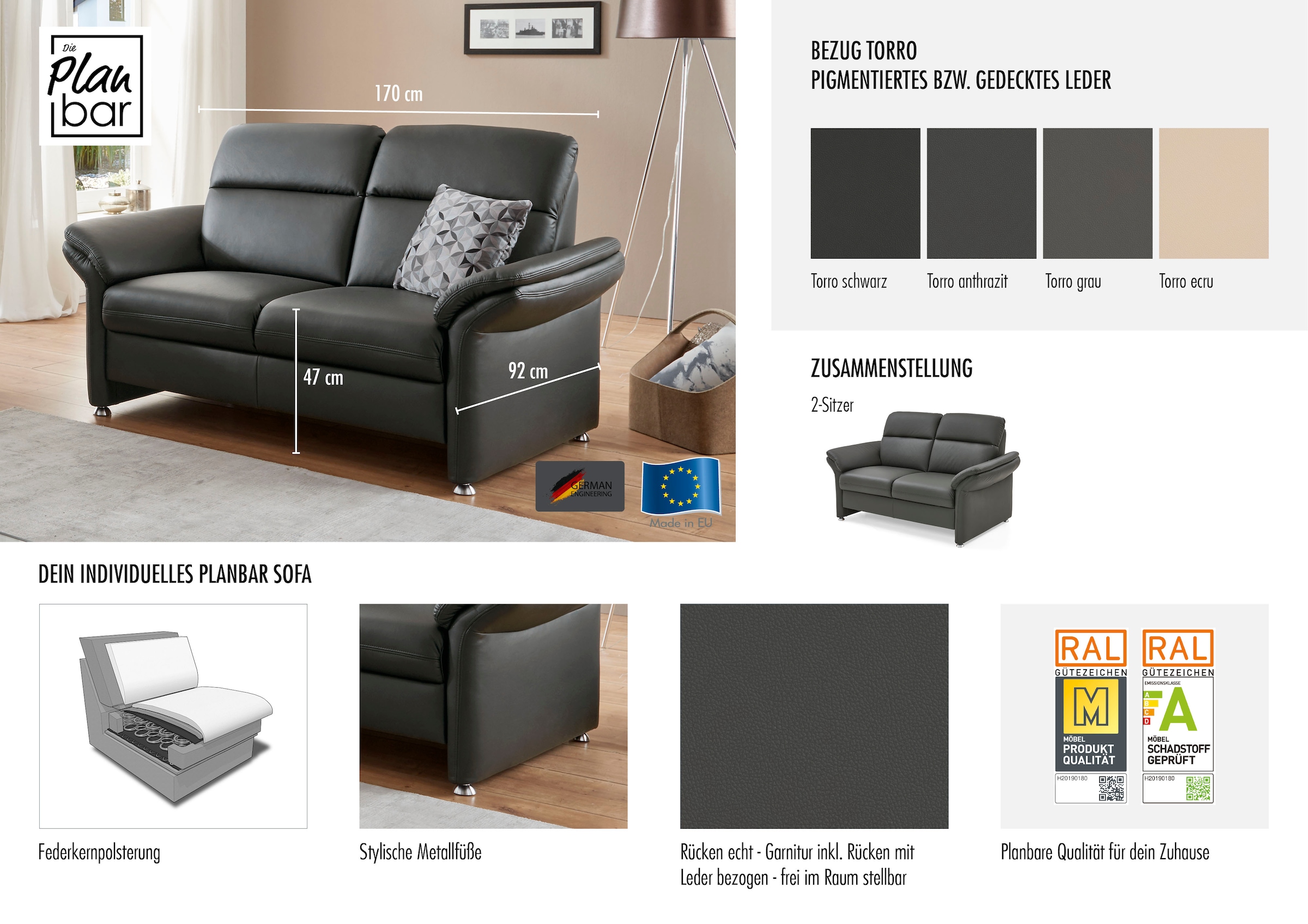 Die PlanBar 2-Sitzer »PN-EM16031, ohne Kopfstützen« Echtleder mit Federkern