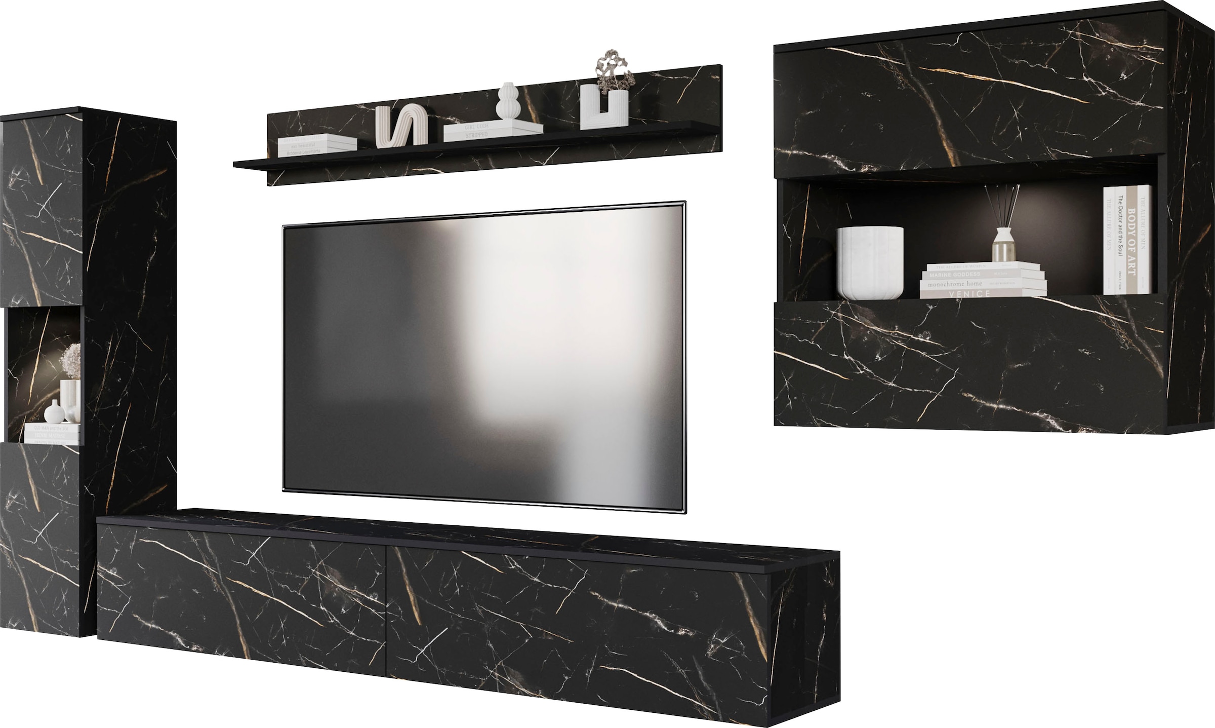 INOSIGN Wohnwand »PARIS, Vitrine Türanschlag links/rechts wechselbar«, (Komplett-Set, 4 St.), grifflose Design, stehend und hängend montierbar