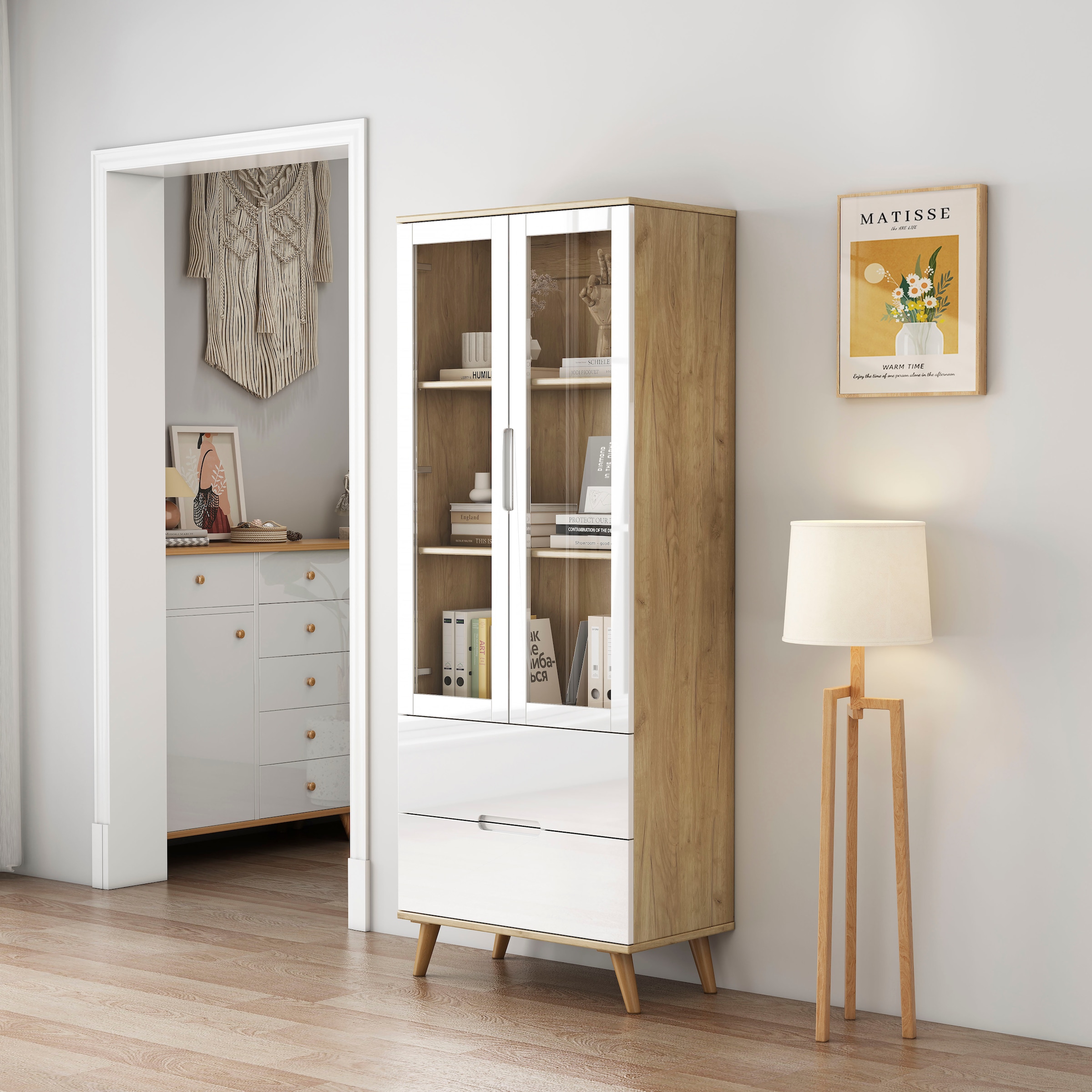 OTTO home Highboard »Lund« mit glänzenden Fronten, Glastüren, helles Holzdekor, Breite 70 cm