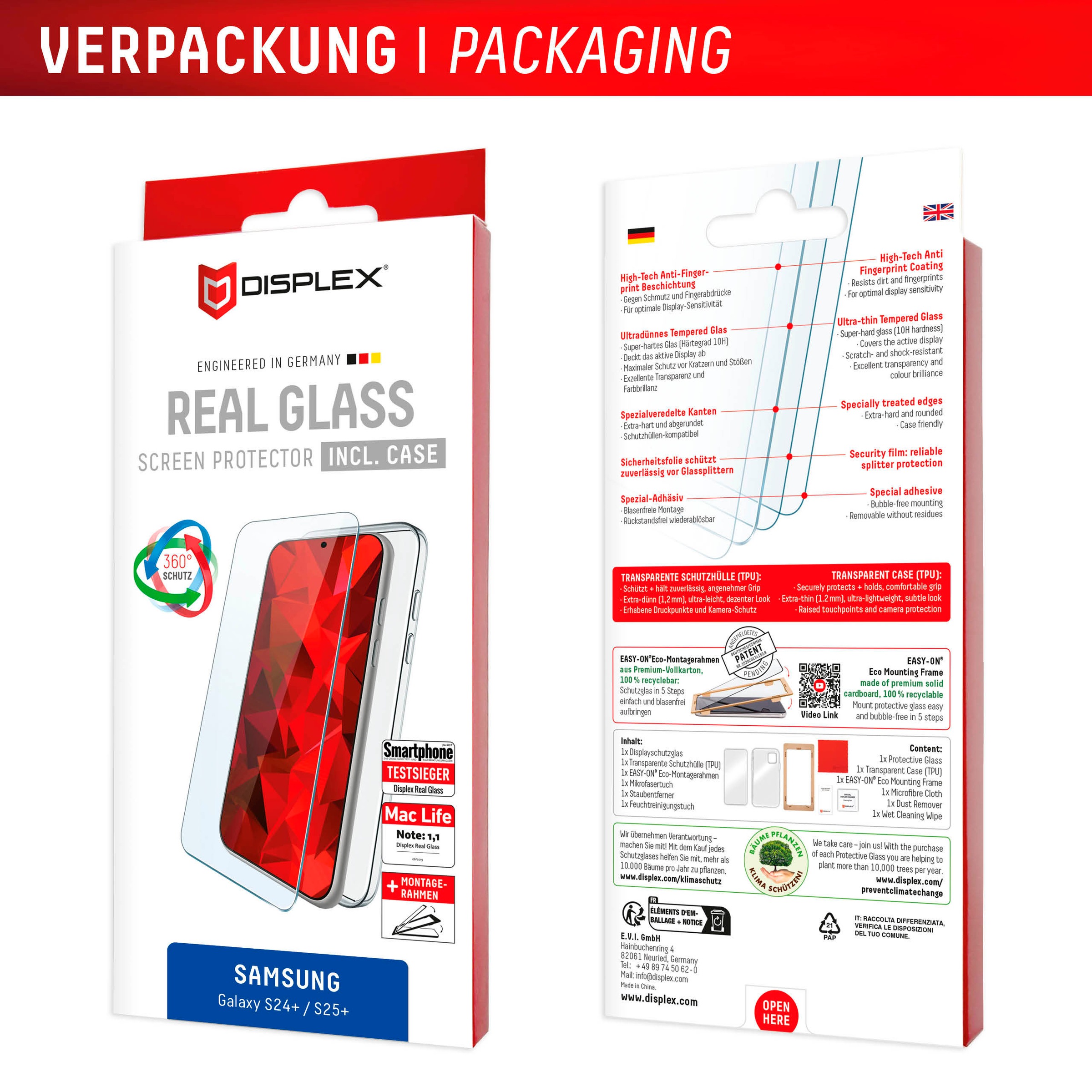 Displex Displayschutzglas »Real Glass + Case«, für Samsung Galaxy S24+-Samsung Galaxy S25+, Displayschutzfolie Displayschutz Rundumschutz 360 Grad splitterfest