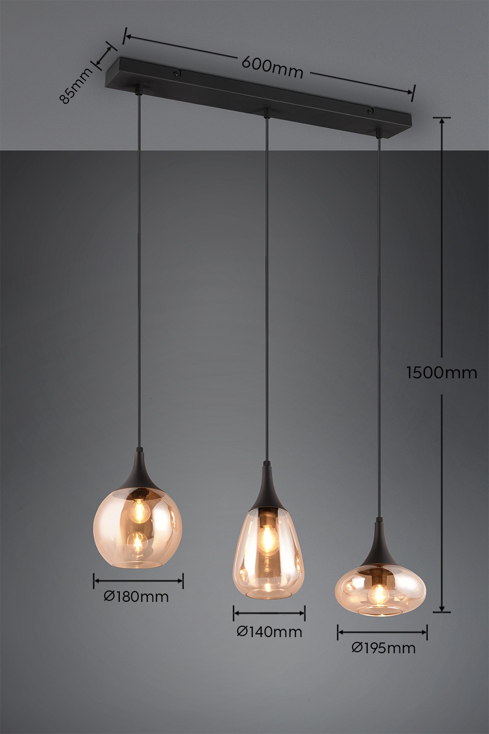 TRIO Leuchten Pendelleuchte »Lumina, E14 Hängelampe 3-flammig Glasschirme in 3 Formen amberfarbig« E14 1 Stk. warmweiß - kaltweiß exkl 3x E14 max 40W, Hängeleuchte höhenverstellbar bis max 150 cm