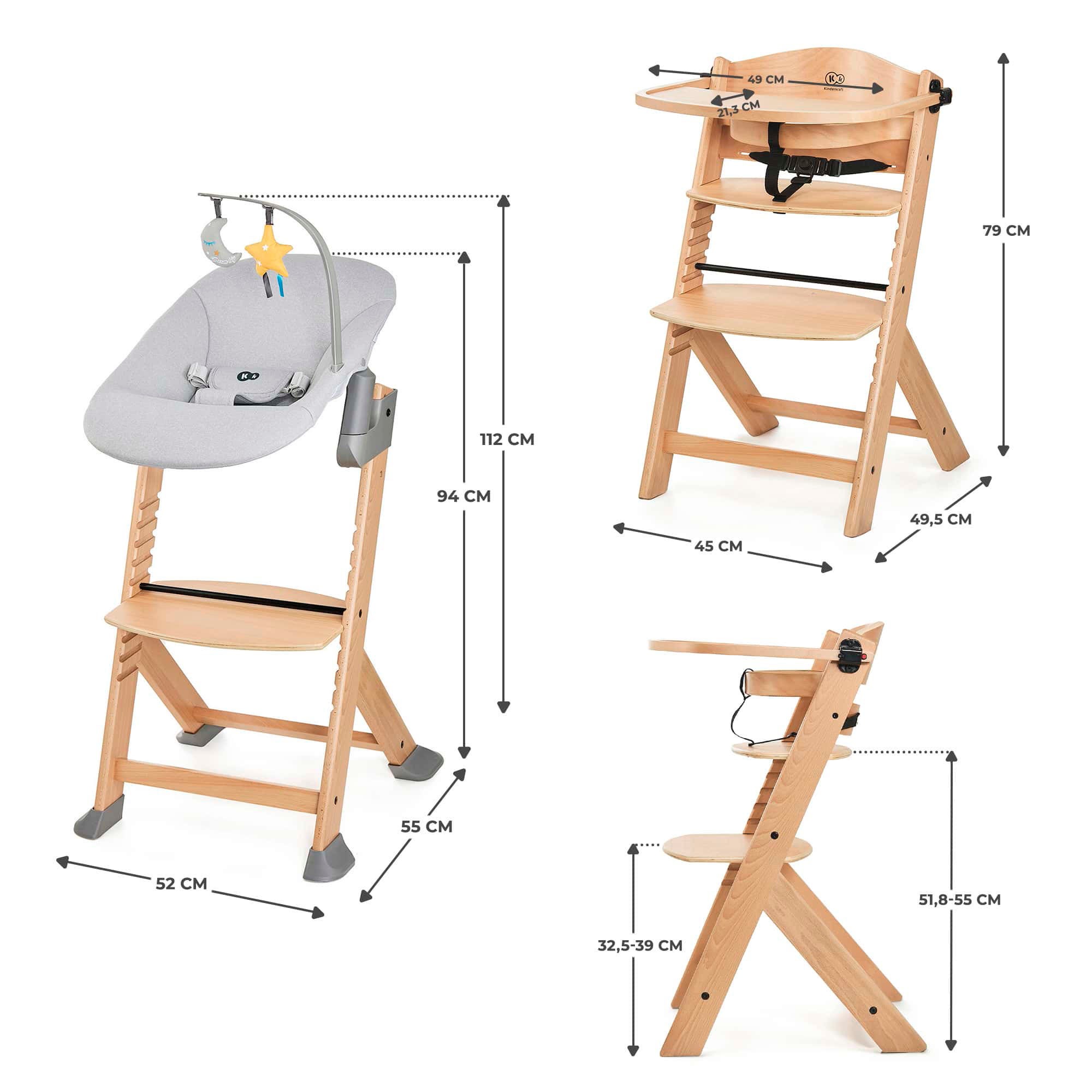 Kinderkraft Kombihochstuhl »Set: Kinderstuhl ENOCK + Babywippe CALMEE GREY«, (Set), 2 St., mitwachsend