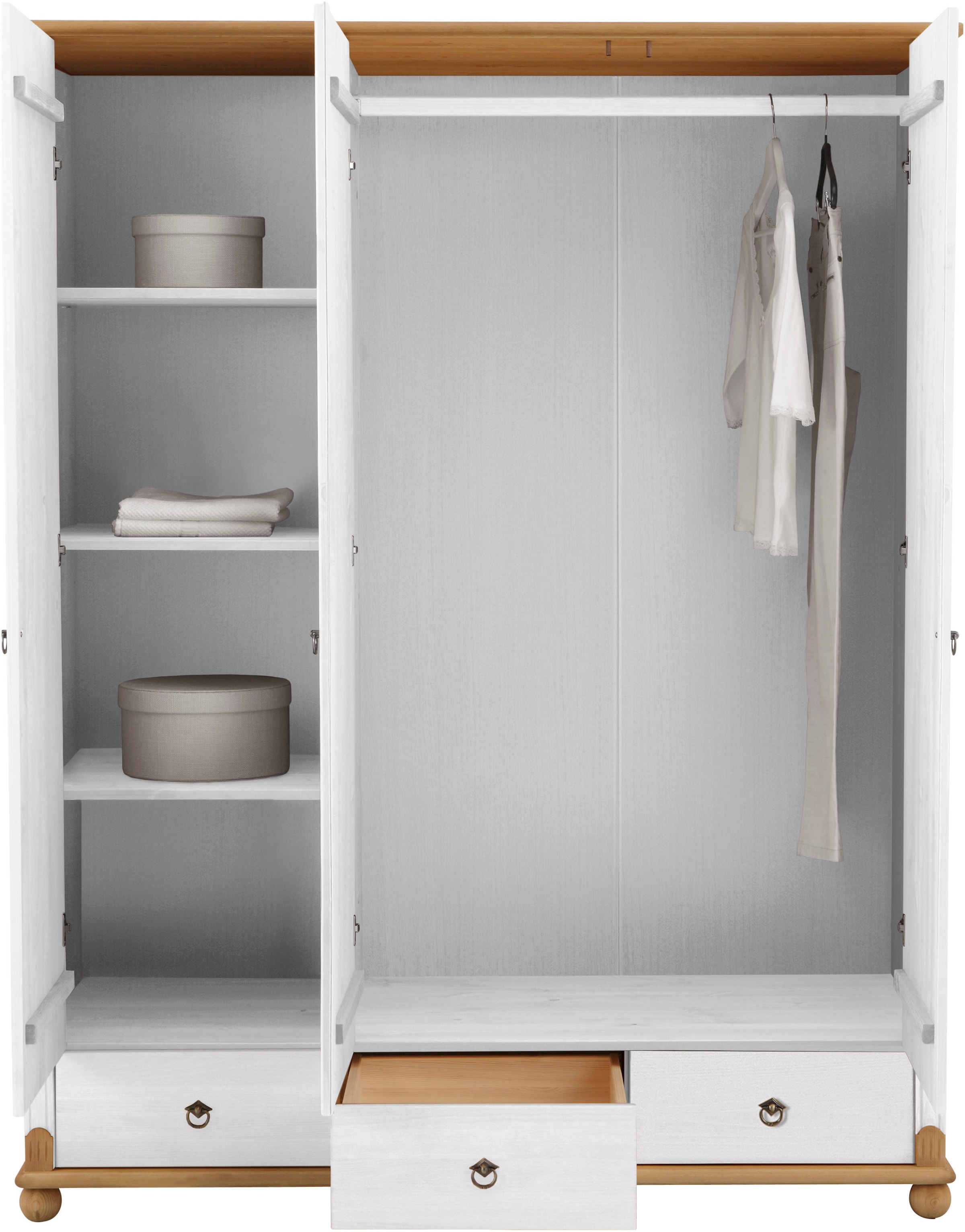 Home affaire Kleiderschrank »Tessin, Dretürenschrank, 3-türig«, (B/H/T ca. 152/191/59 cm), Breite 152 cm, Kiefer massiv, mit Spiegel und 3 Schubladen