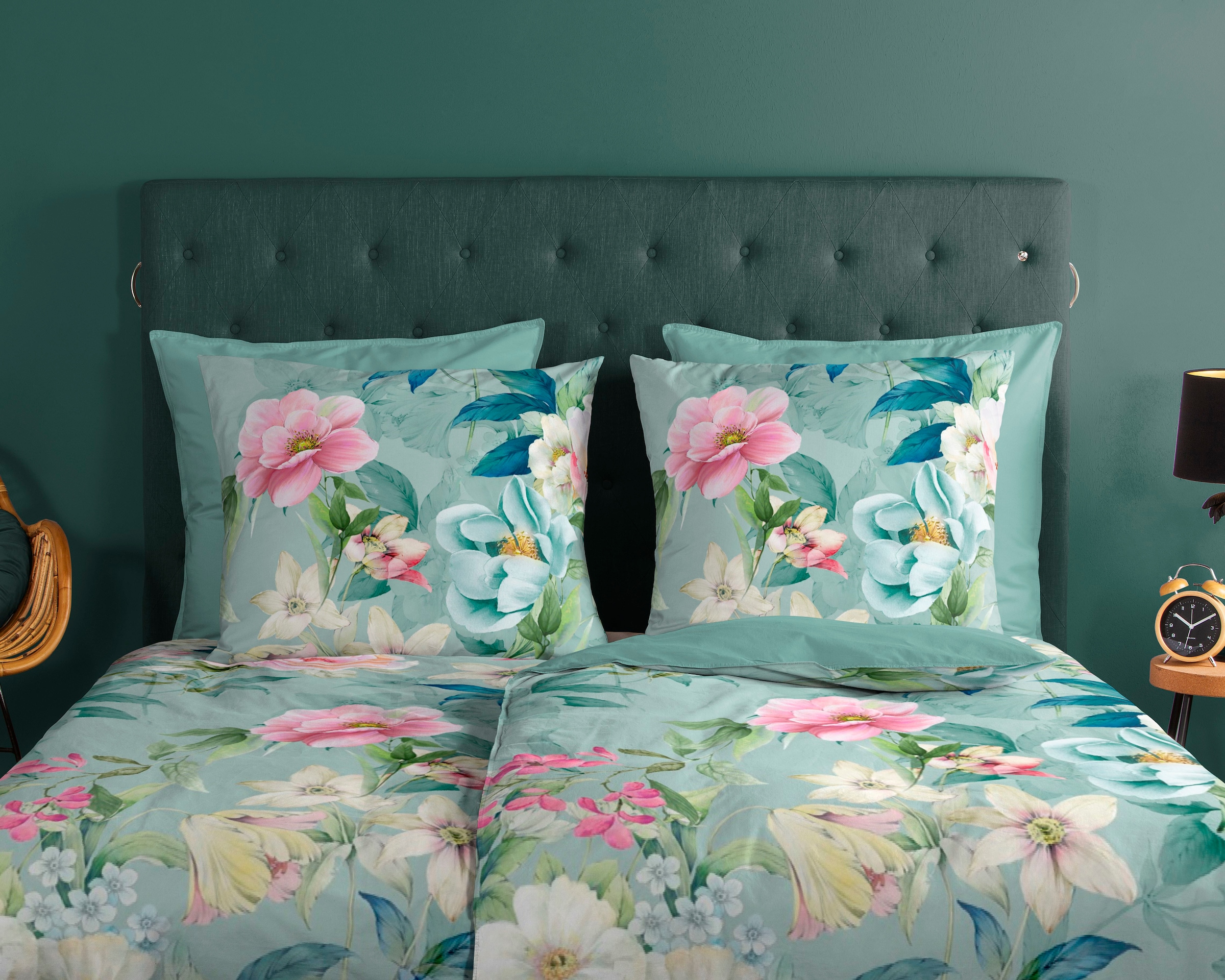 good morning Wendebettwäsche »Casa«, 100% Baumwolle, 135x200, Reißverschluss, Wendeoptik, Blumen, Türkis