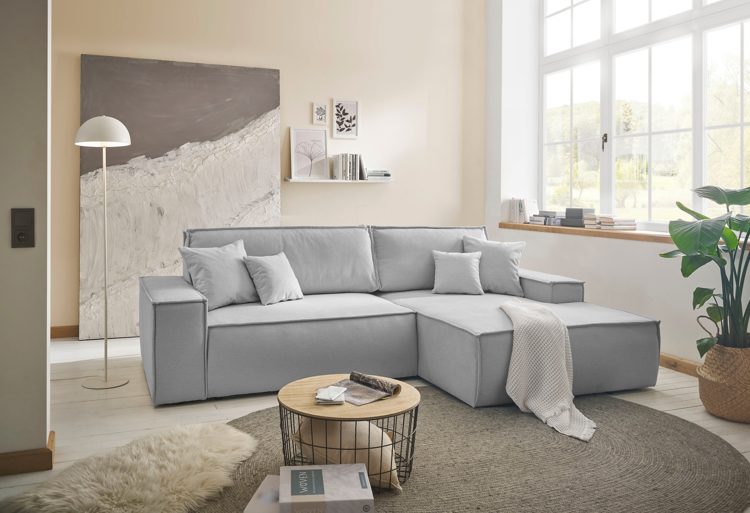 andas Ecksofa »Finnley Schlafsofa 267 cm in Bouclé, Struktur fein u. Cord, L-Form,«, Schlaffunktion m. Bettkasten (136/210 cm), Bouclé, Struktur und Cord