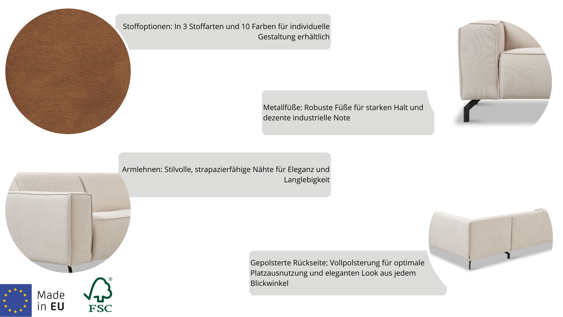 Places of Style Ecksofa Lorcan, in Lederoptik oder Strukturstoff lieferbar