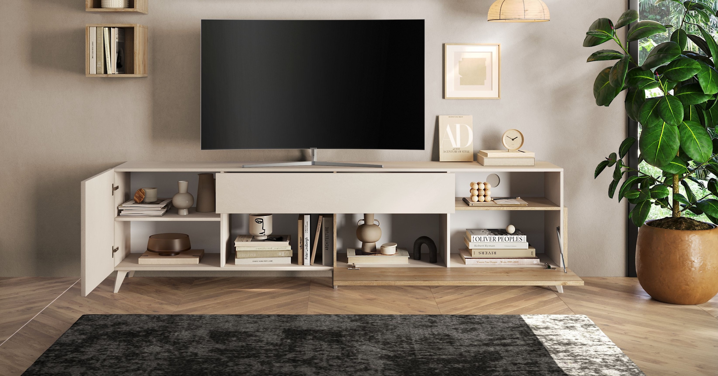 INOSIGN Lowboard »Monaco in Breite 241 cm, TV-Schrank mit Tür, Klappe und Schubkasten« Mediaboard – sanft schließend, edel, mit Kabelkanal, spürbar geräumig