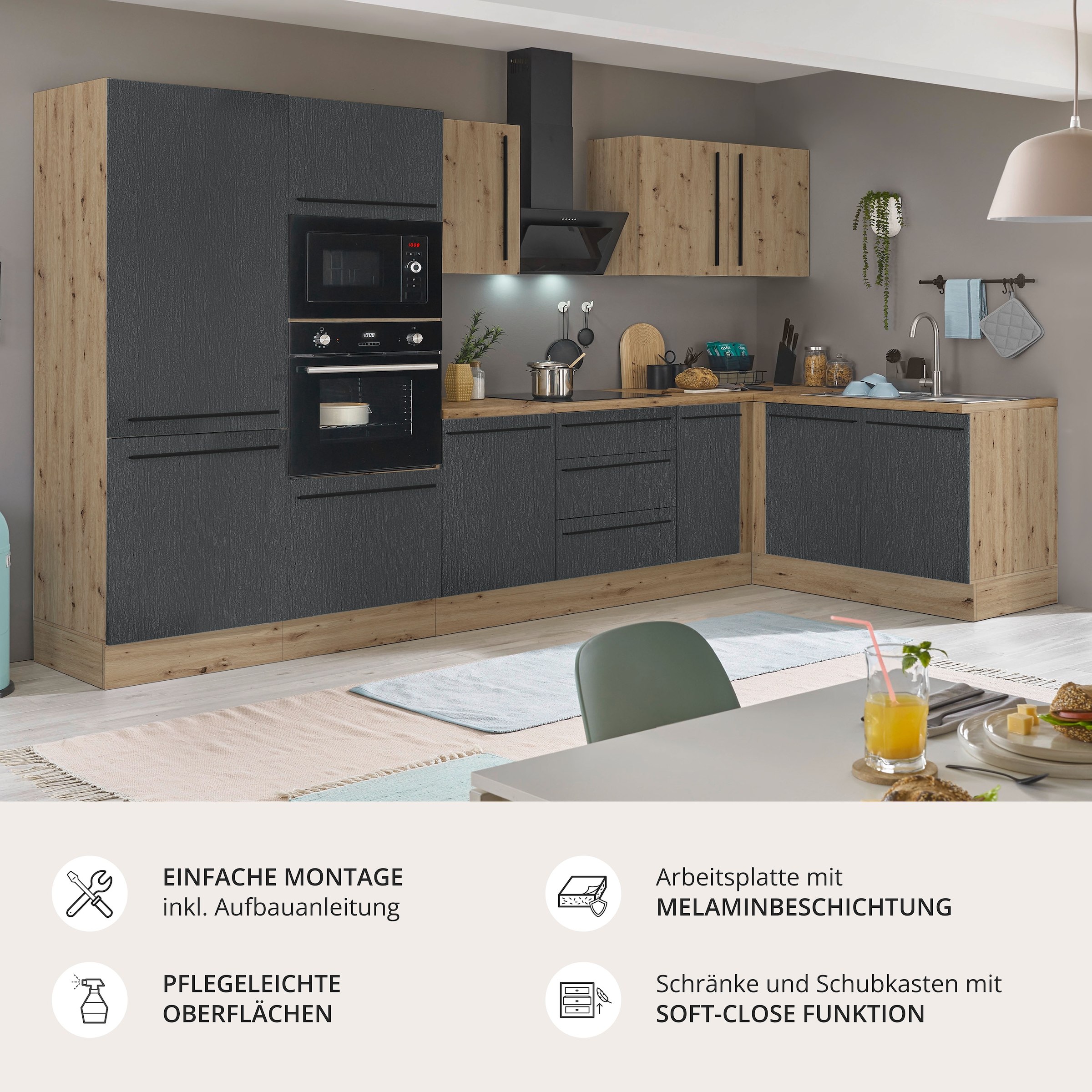 KOCHSTATION Winkelküche »Florida, Stellbreite 330x165 cm« wahlweise mit E-Geräten, mit Softclose für Türen und Schubkästen