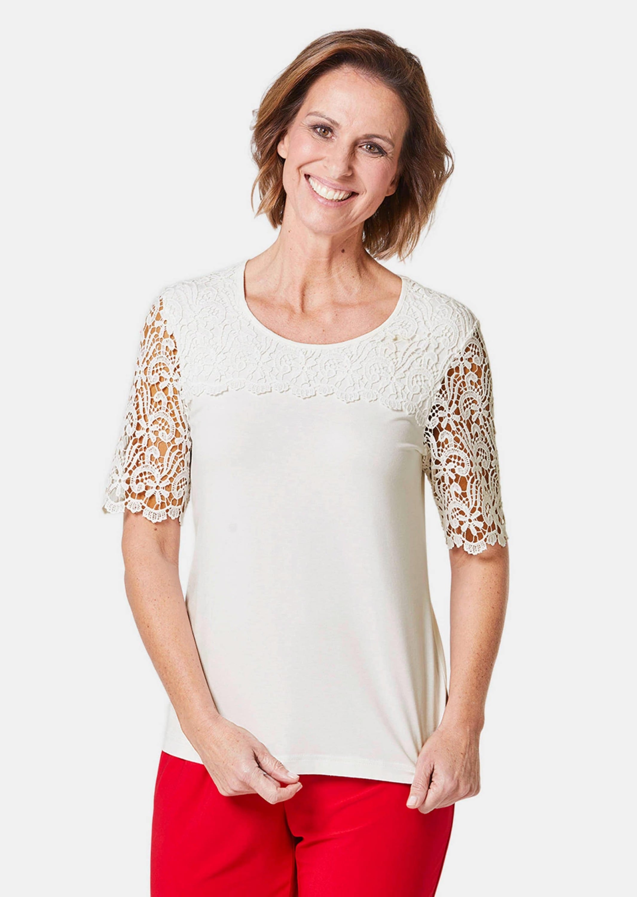 GOLDNER Langarm-Poloshirt »Shirt mit Spitze Shirt mit effektvoller Spitze«