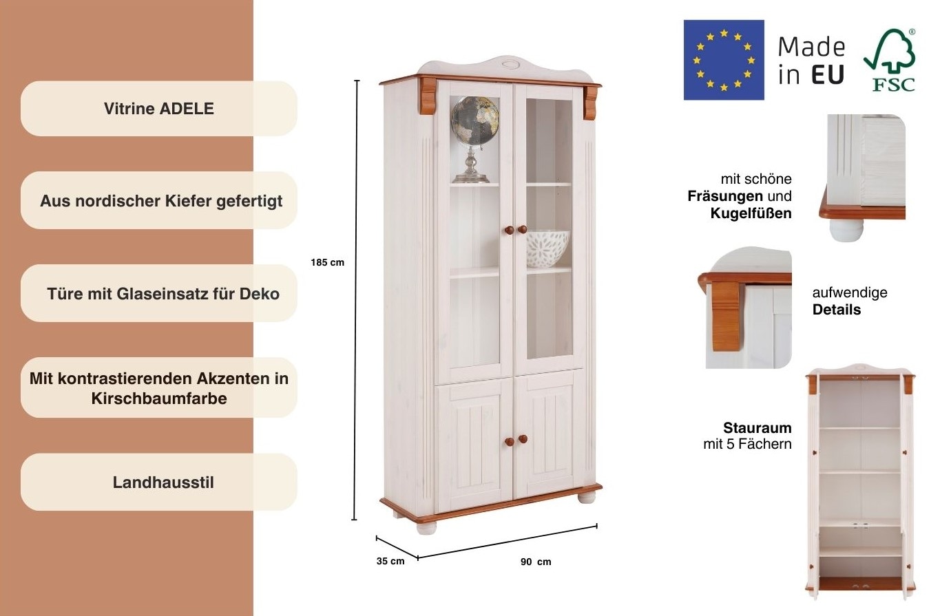 Home affaire Vitrine »Adele«, 4-türig, Höhe 185 cm, mit Glaseinsätzen, aus massiver Kiefer, FSC®