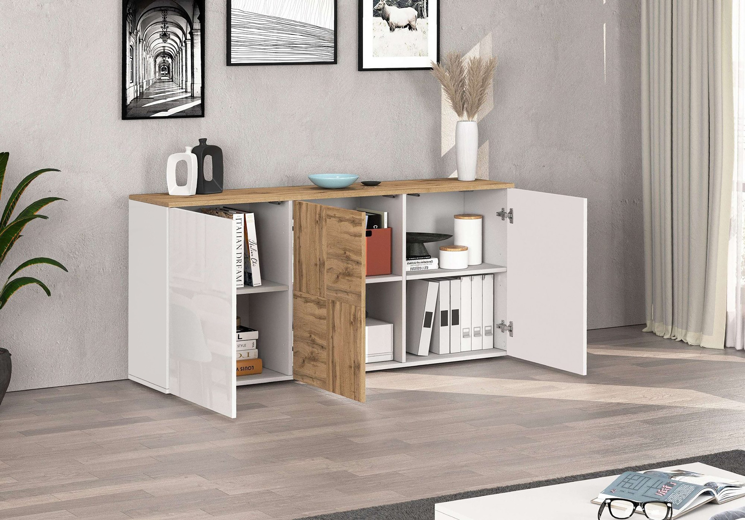 OTTO home Sideboard »ISEO, Kommode, Schrank, Sideboard, Lowboard, 6 Fächer, Breite 150 cm« 1 Stk. tlg. stehend/hängend, 3 Türen Hochglanz lackiert, Made in Italy