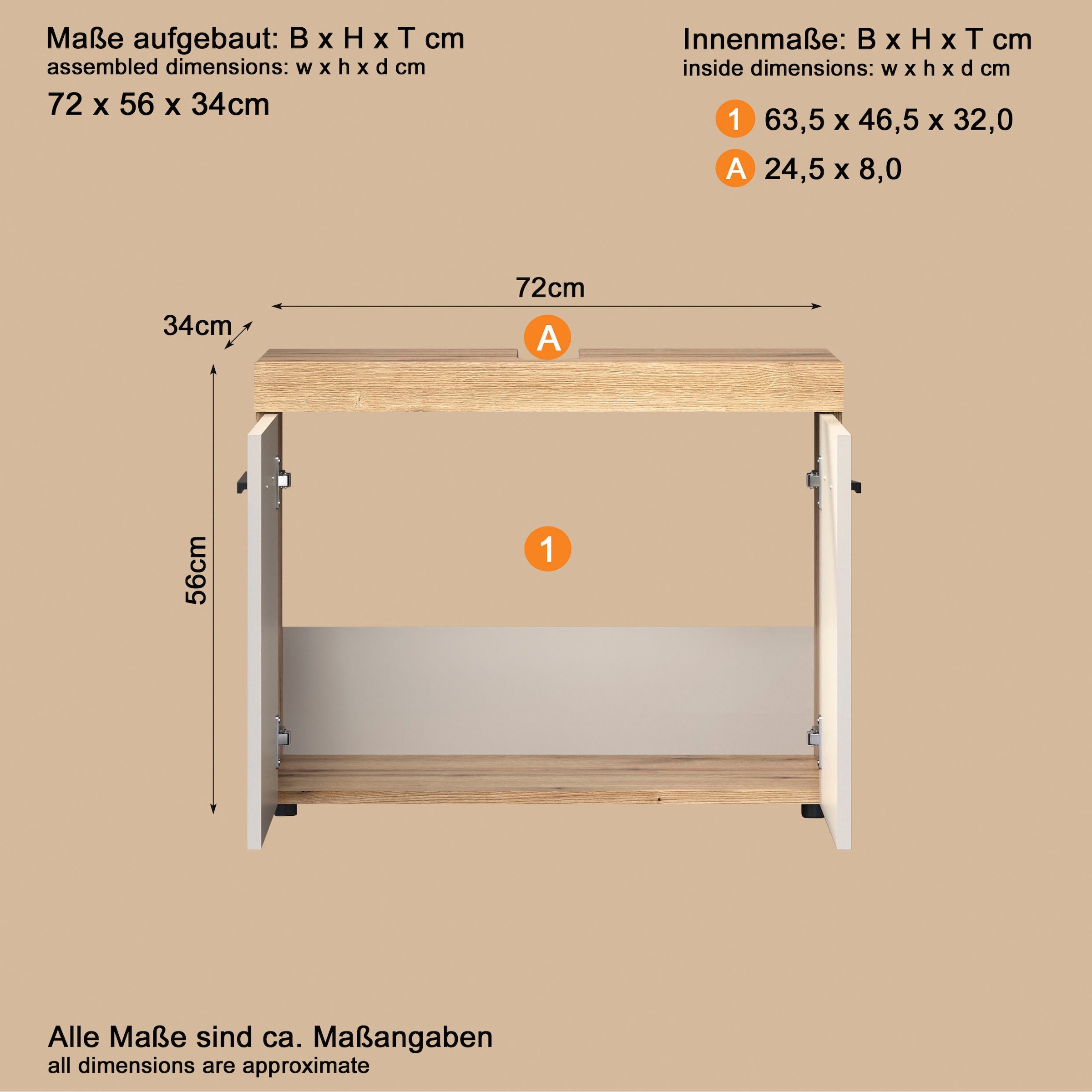 welltime Waschbeckenunterschrank »Isera« 1 Stk. tlg. Waschbeckenschrank mit 2 Türen – (B/T/H) 72/34/56 cm