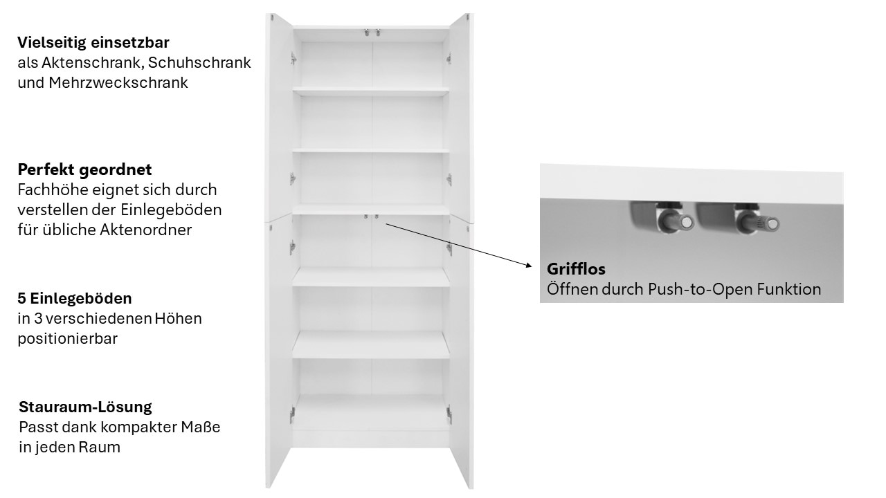 INOSIGN Aktenschrank »Jarvie«, Mehrzweckschrank, Push-to-open, 5 verstellbare Einlegeböden, 60x180 cm