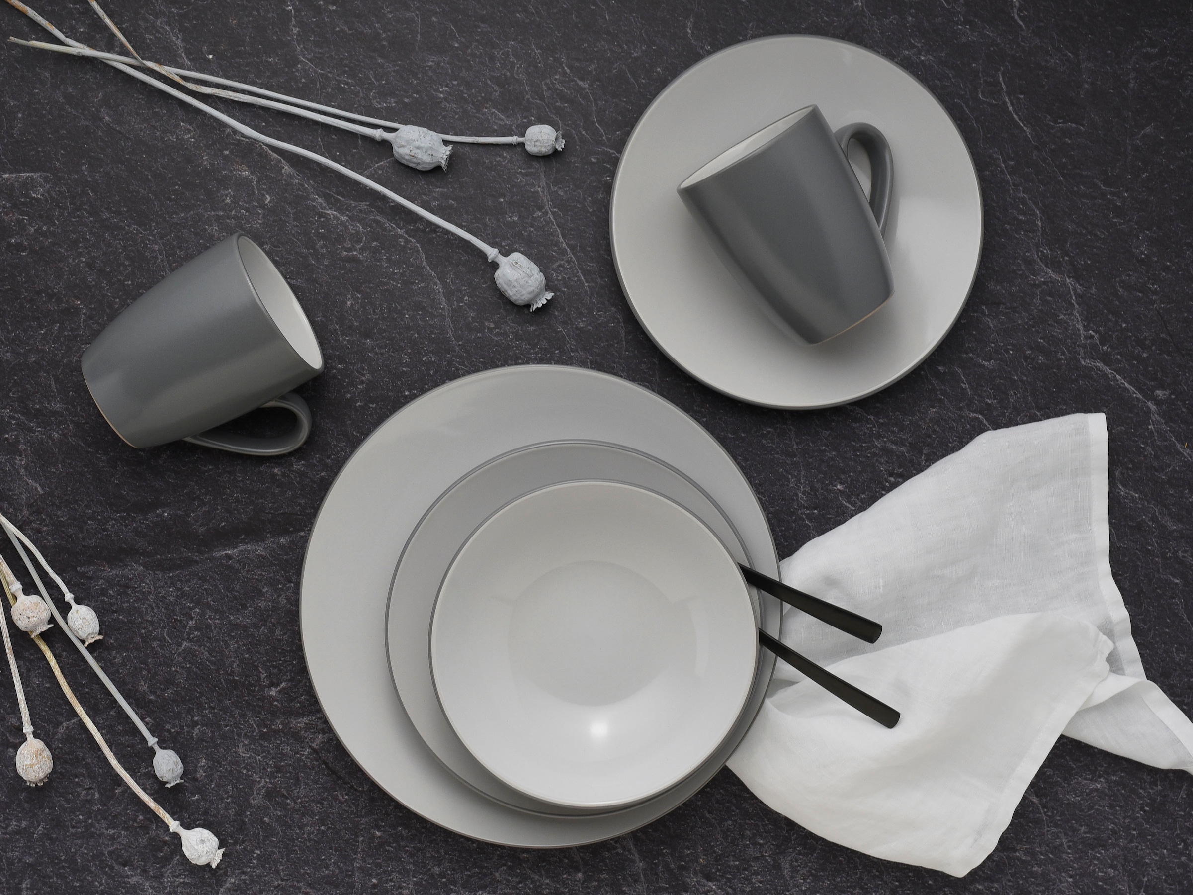 CreaTable Kombiservice »Geschirr-Set Cool Grey«, (Set, 16 tlg., Kaffeeservice und Tafelservice im Set, für 4 Personen), Service, einzigartige Optik, 16 Teile, für 4 Personen