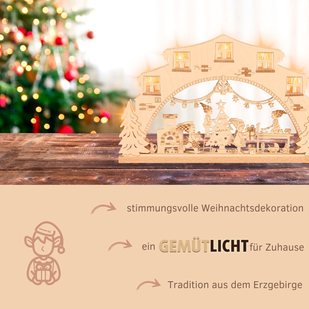 Weigla LED Schwibbogen »Wichtelwerkstatt, Lichterbogen aus Holz, NATUR, Made in Germany« Erzgebirge garantiert, Weihnachtsdeko Innen, Weihnachtsbeleuchtung