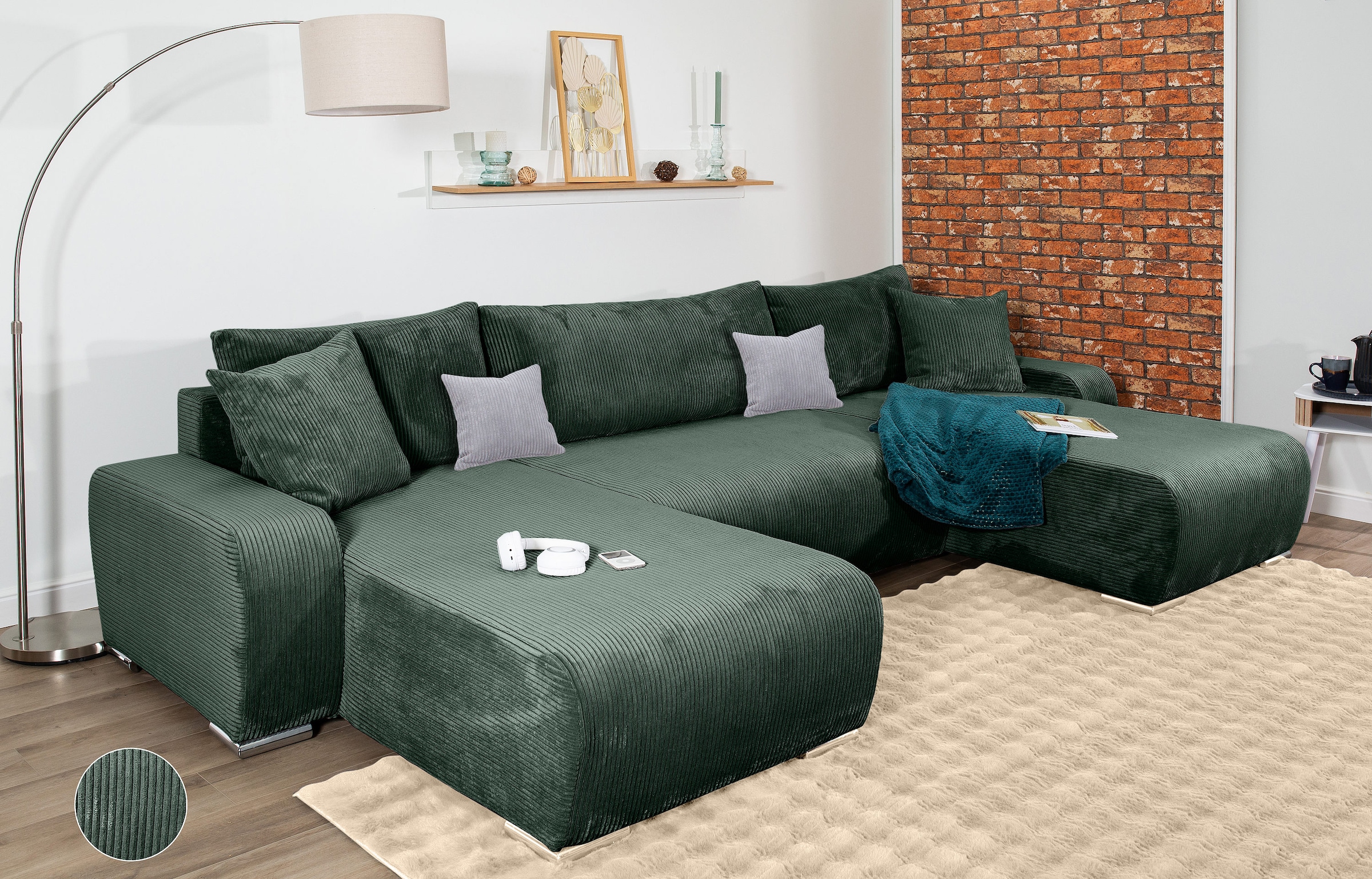 COLLECTION AB Wohnlandschaft »Paola U-Form«, mit Schlaffunktion, Stauraum, Zierkissen und Bonnellfederkern, Cord