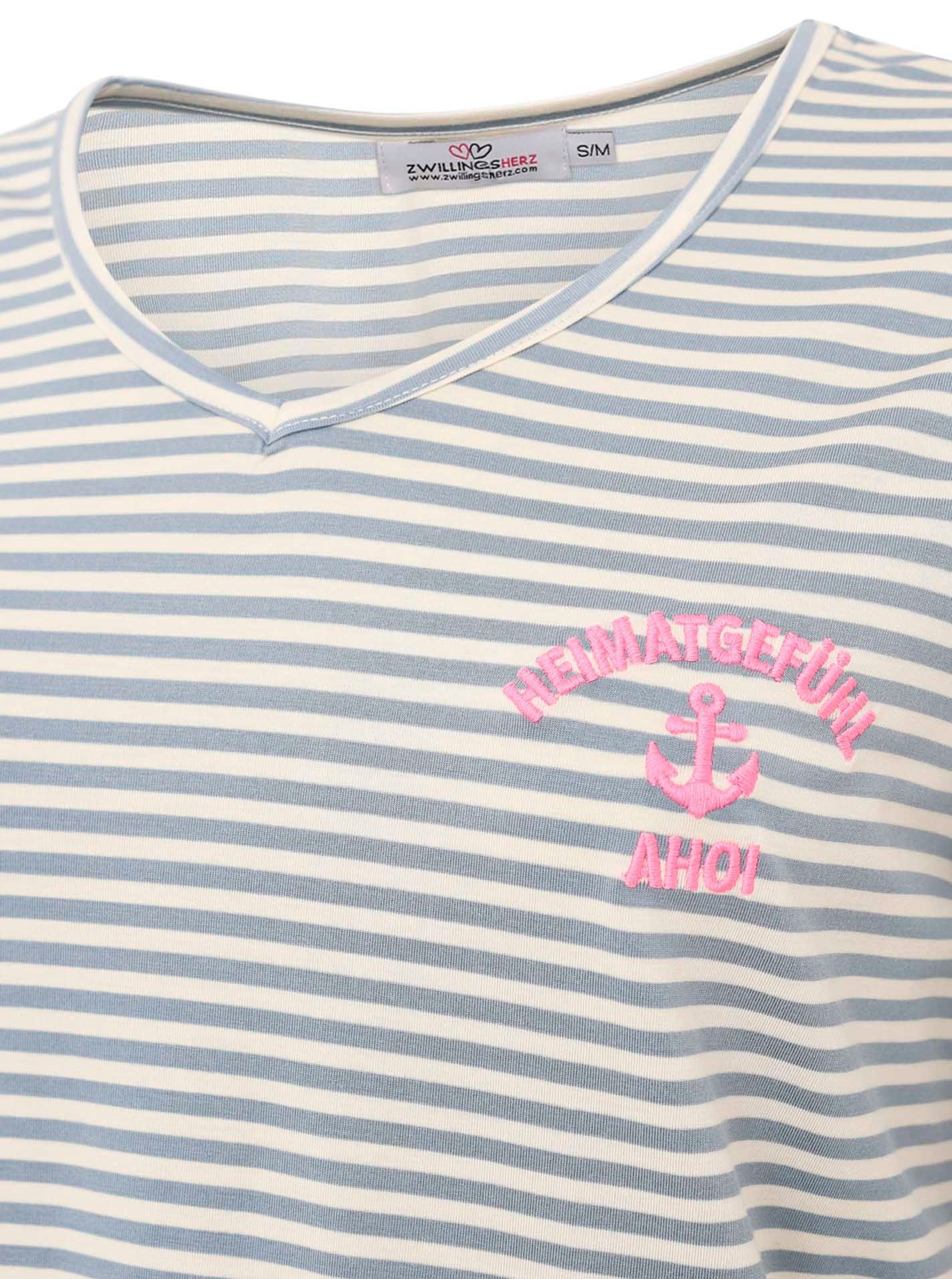 Zwillingsherz T-Shirt »"Heimatgefühl"« V-Neck, gestreift, kleines Motiv gestickt mit Anker
