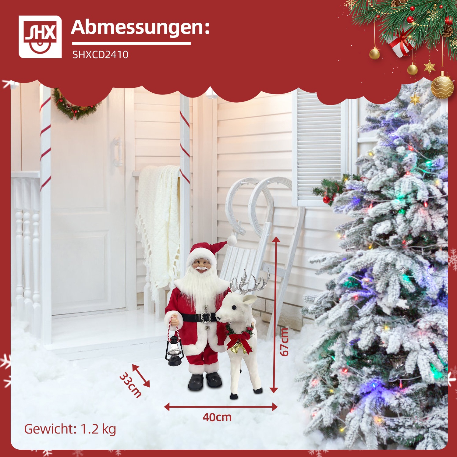 SHX Weihnachtsmann »Animierter Weihnachtsmann mit Rentier«, Bewegung, Soundeffekte