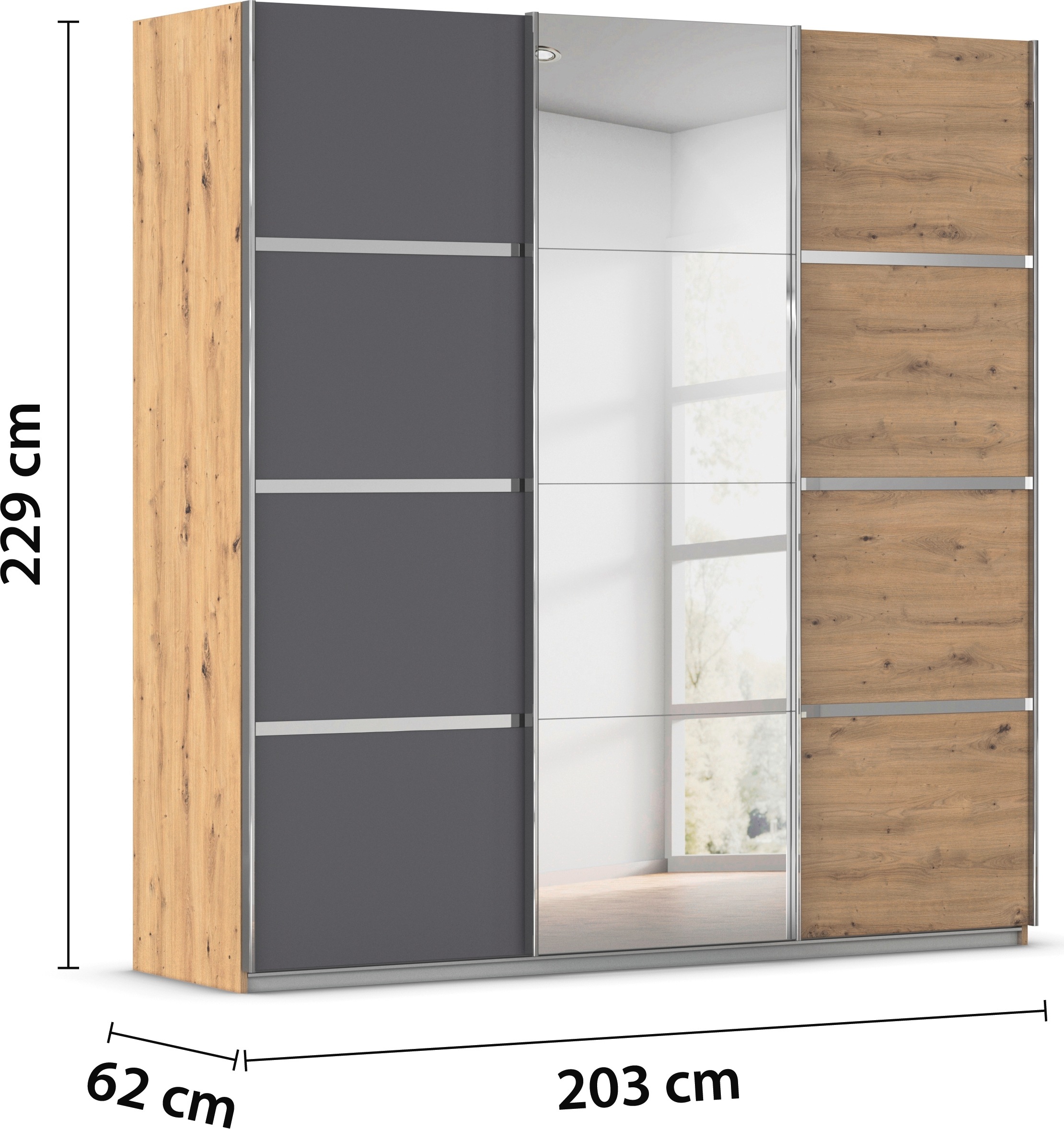 rauch Kleiderschrank »Schwebetürenschrank OTTO´s Choice Garderobe Schrank TOP ANGEBOT Avola«, (in 3 verschiedenen Ausstattungen BASIC/CLASSIC/PREMIUM inkl. Spiegel), mit eleganten Zierleisten in Chrom, Schwarz oder Weiß MADE IN GERMANY