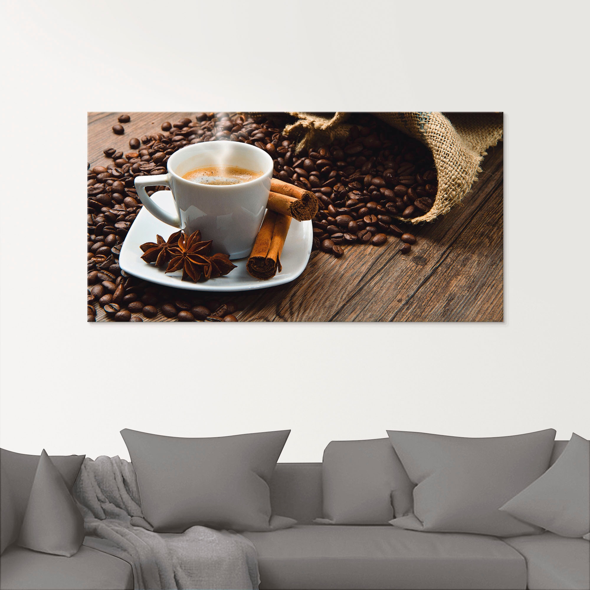 Artland Glasbild »Kaffeetasse Leinensack mit Kaffeebohnen«, Getränke, (1 St.), in verschiedenen Größen