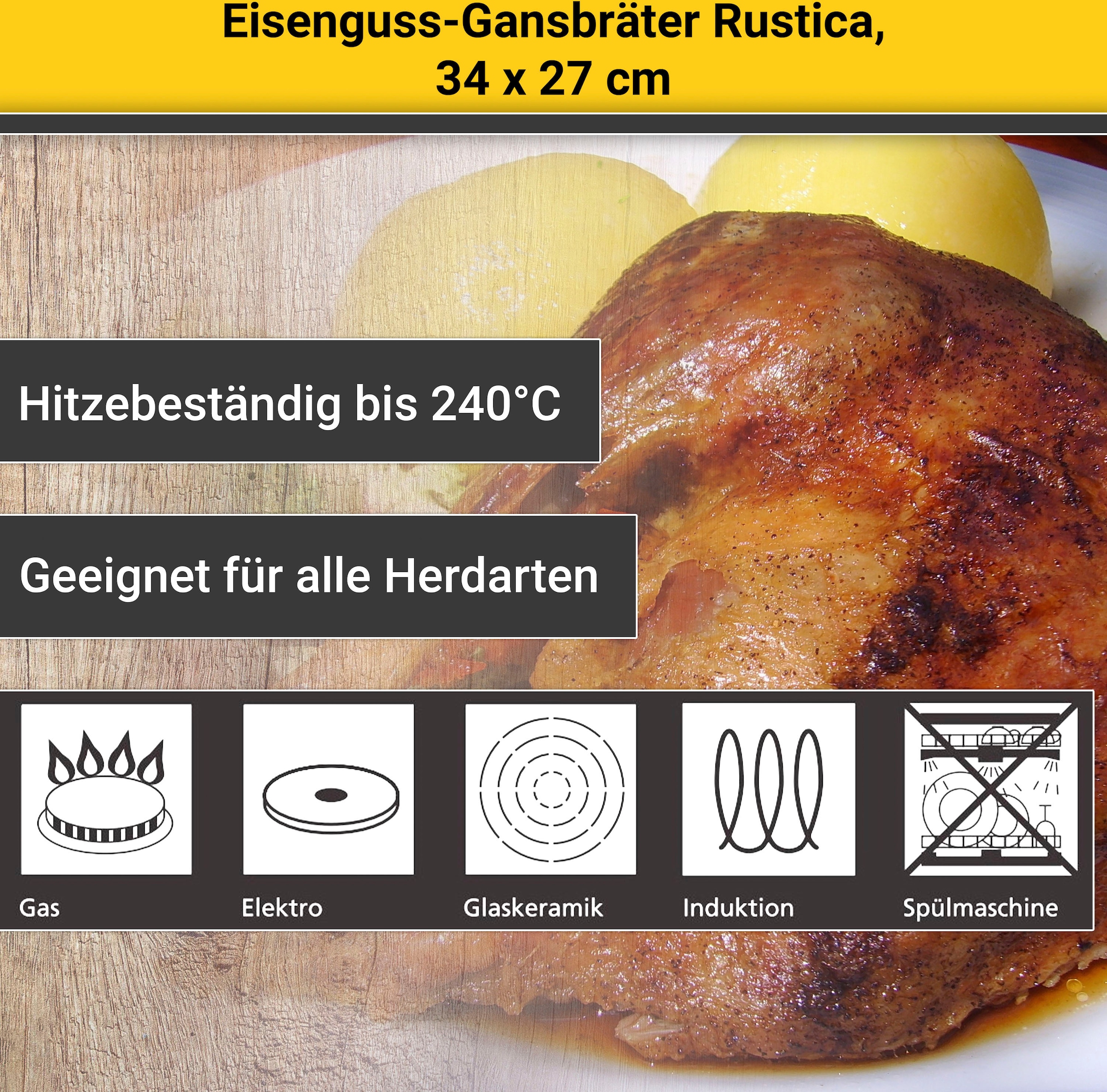 Krüger Bräter »Eisenguss Gansbräter mit Deckel RUSTICA, 34 x 27 x 12,5 cm«, Gusseisen, (1 tlg.), für Induktions-Kochfelder geeignet