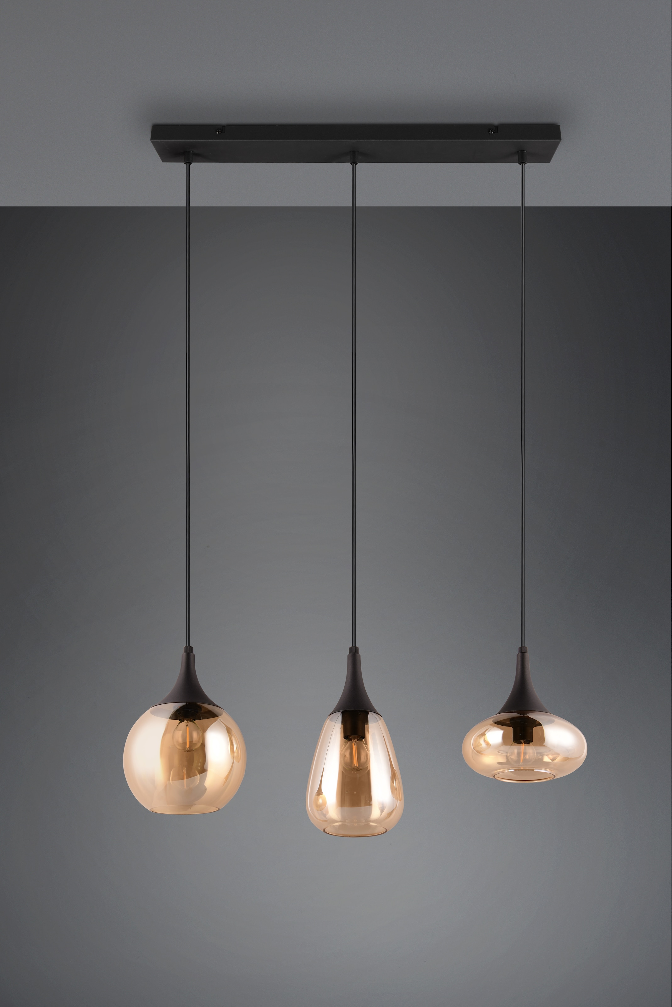 TRIO Leuchten Pendelleuchte »Lumina, E14 Hängelampe 3-flammig Glasschirme in 3 Formen amberfarbig« E14 1 Stk. warmweiß - kaltweiß exkl 3x E14 max 40W, Hängeleuchte höhenverstellbar bis max 150 cm