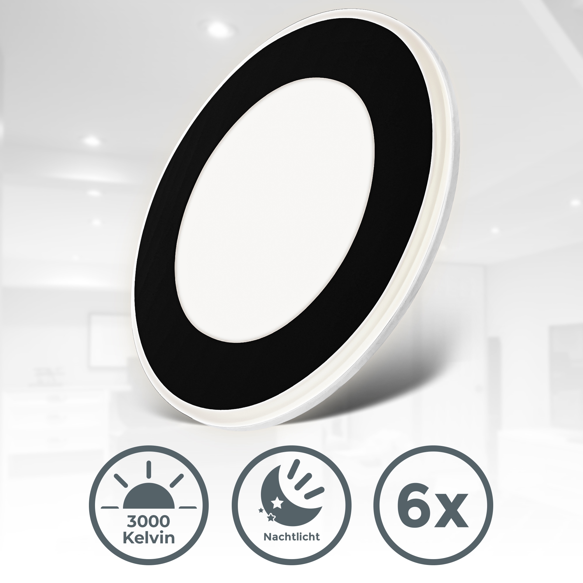 B.K.Licht Einbauleuchte »BK_EL1622 6er Set LED Einbaustrahler, mit Nachtlichtfunktion« LED-Modul 6 Stk. Warmweiß 3.000 K, 425Lm, 4.9W, Kunststoff, Ø9,3 x 2,4cm, Schwarz