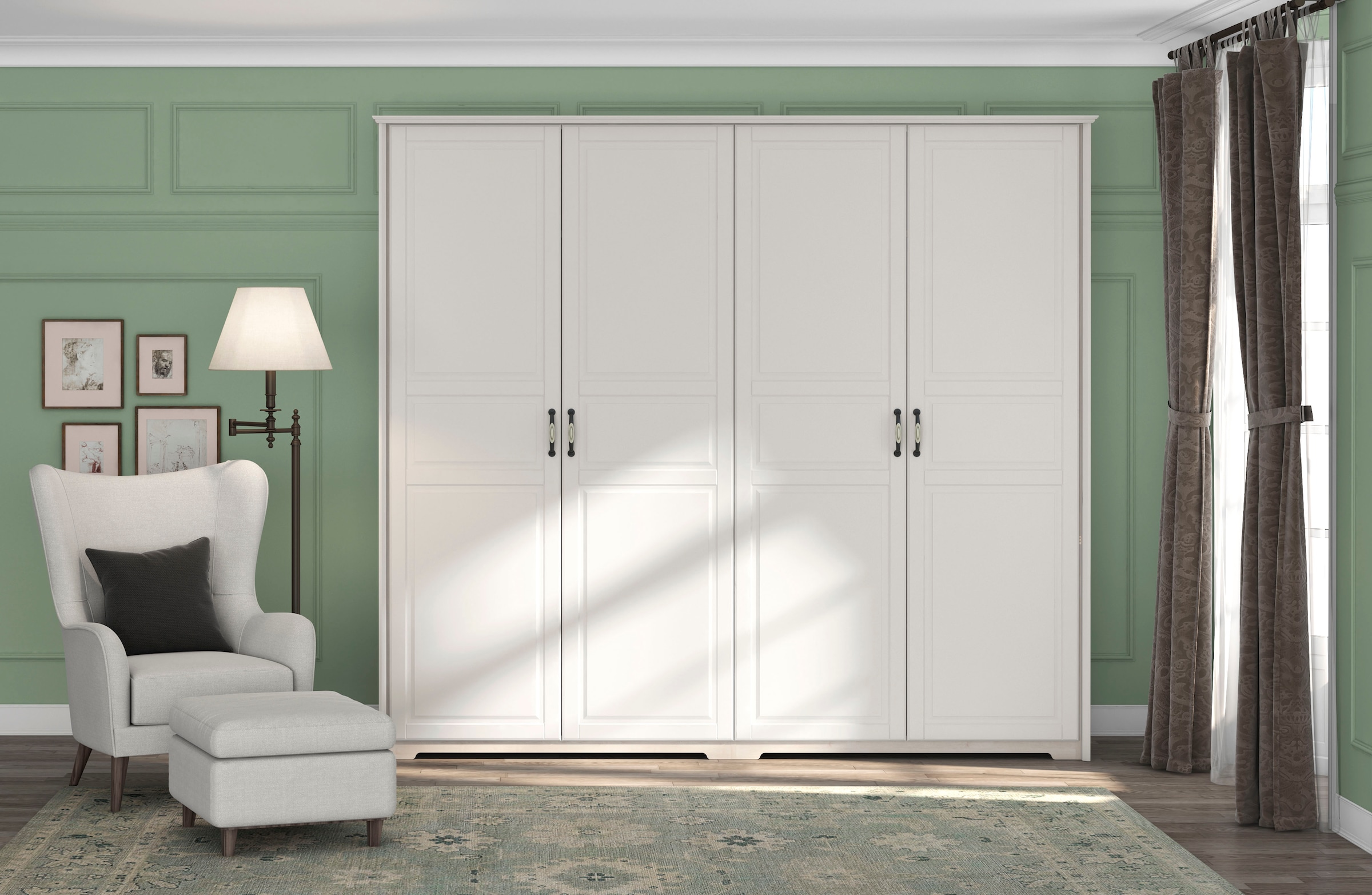 Home affaire Kleiderschrank »Evergreen, wahlweise in 3 Breiten, Höhe 224cm!«, (besonders dekorierter Metallgriff, Kasettenoptik in der Front), im klassischen Landhausstil,FSC-zertifiziert,hochwertige UV Lackierung