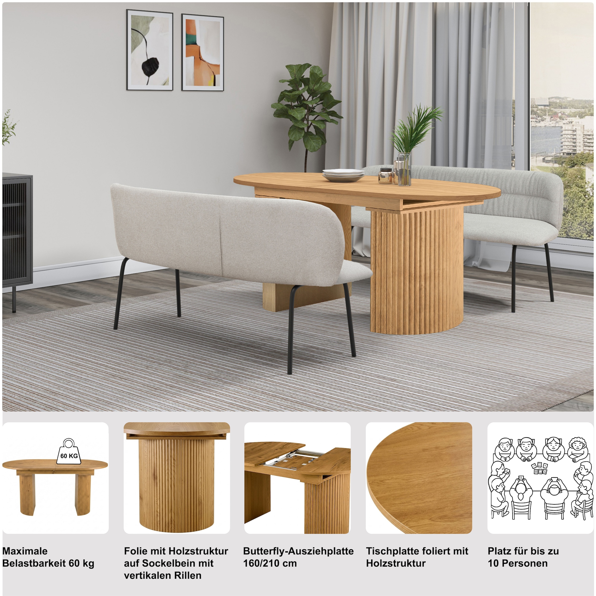 OTTO home Esstisch »Gartempe« ausziehbar 160-210 cm, Synchronauszug, inkl Einlegeplatte, Breite 90cm