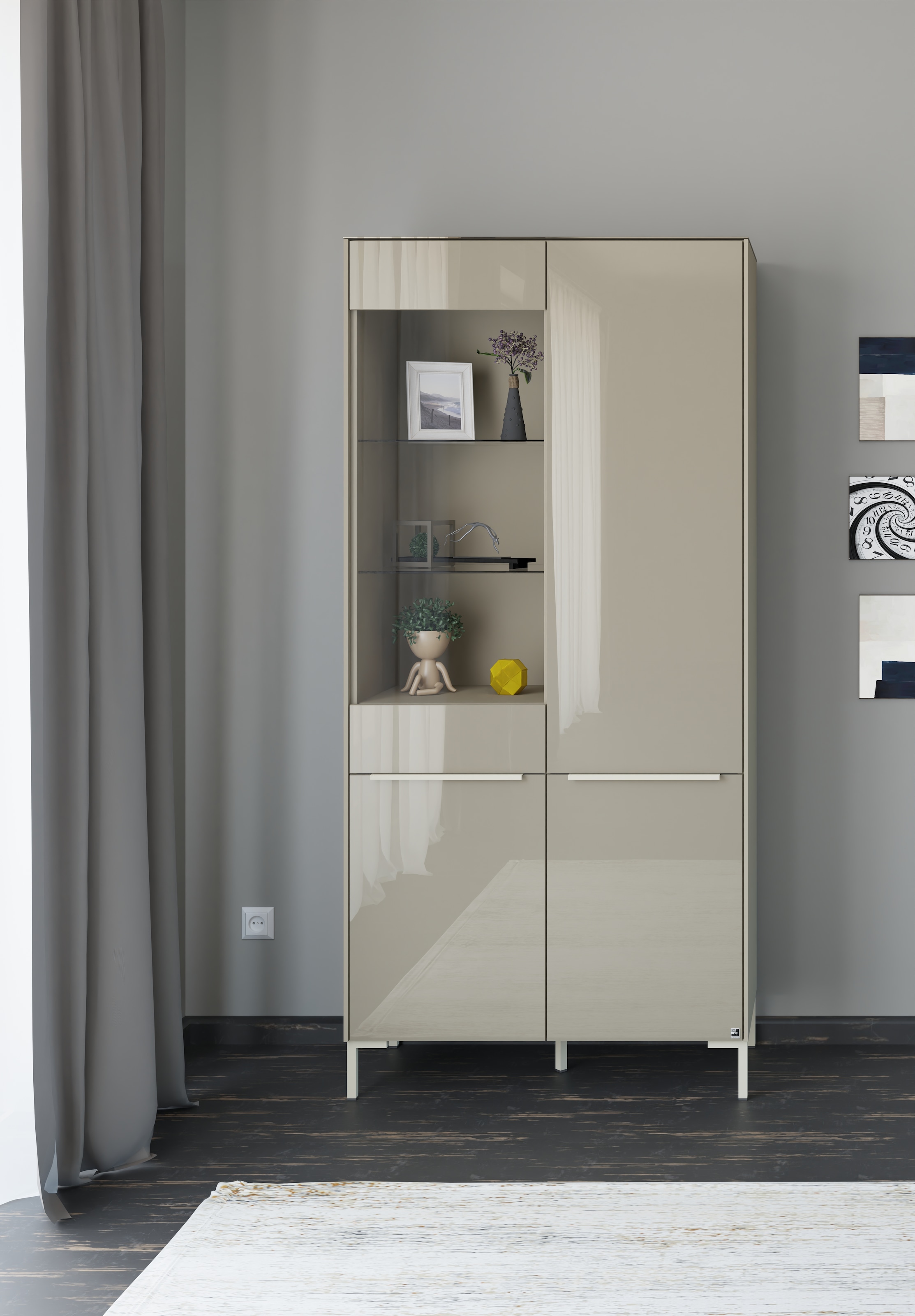 set one by Musterring, Standvitrine »Reno« 1 Stk. tlg. Mit Winkelfuß in diversen Farben, 199 cm Höhe & Farbauswahl, taupe matt lack/glas taupe glanz, 