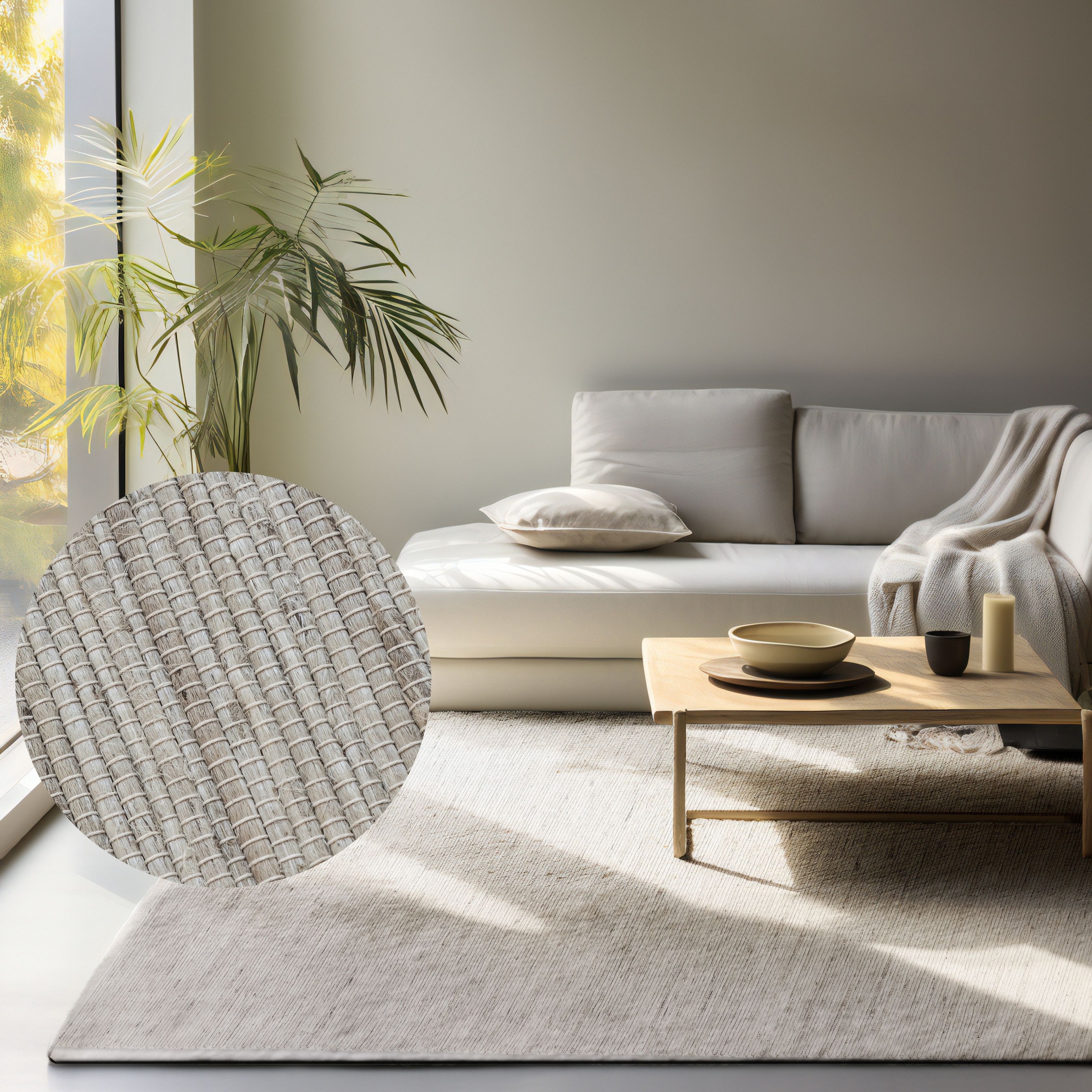 THE RUGS Handloom Jute Rug Dhaka Natural Jute Wool Cotton Woven Rug in White | Size: 60cm x 90cm