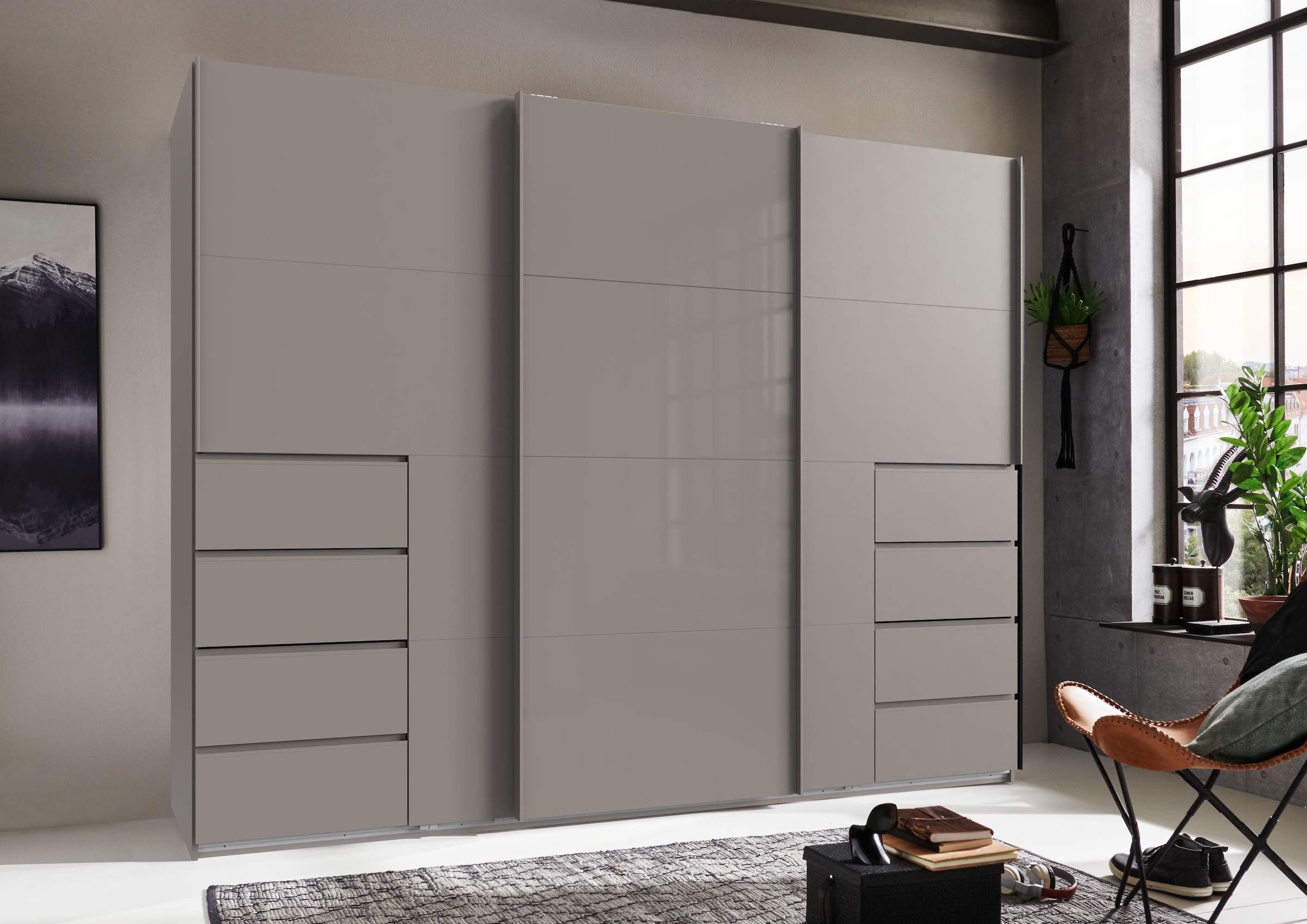 Wimex Schwebetürenschrank »Bali in den Breiten 225cm & 270cm, Kleiderschrank mit Glaselement« Schrank mit 3 Türen, in den Farben: grafit oder saharagrau erhältlich