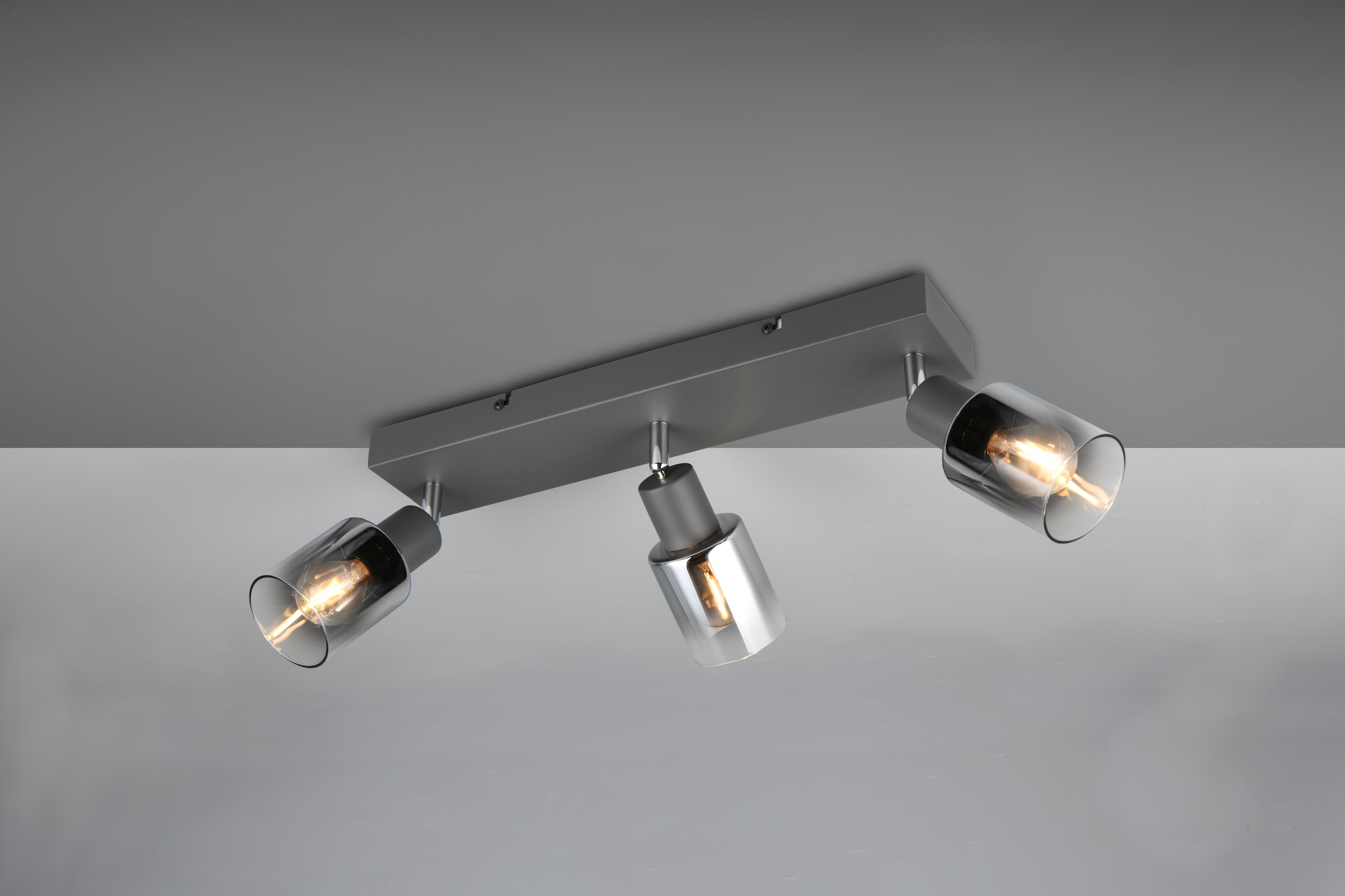 REALITY Leuchten Deckenstrahler »CADIZ, Spot 3-flammig, exkl 3xE14 max 10W, Glas anthrazit, verspiegelt« E14 1 Stk. warmweiß - kaltweiß verstellbarer Deckenspot E14 Fassung, mit Glasschirm smoke Farbverlauf
