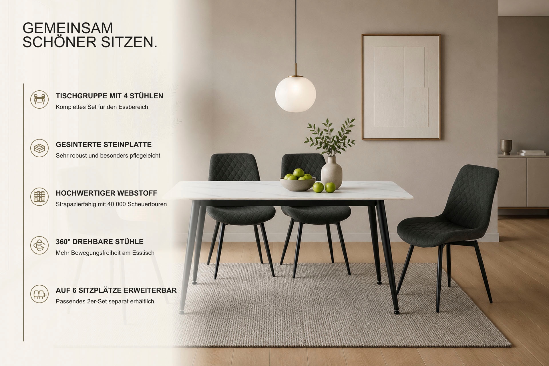 OTTO home Essgruppe »Juniper, Set, 5-tlg.« Set, 5 tlg. Tisch 140x80cm in Sinterstein-Keramikoptik mit 4 Stühlen, 360° drehbar