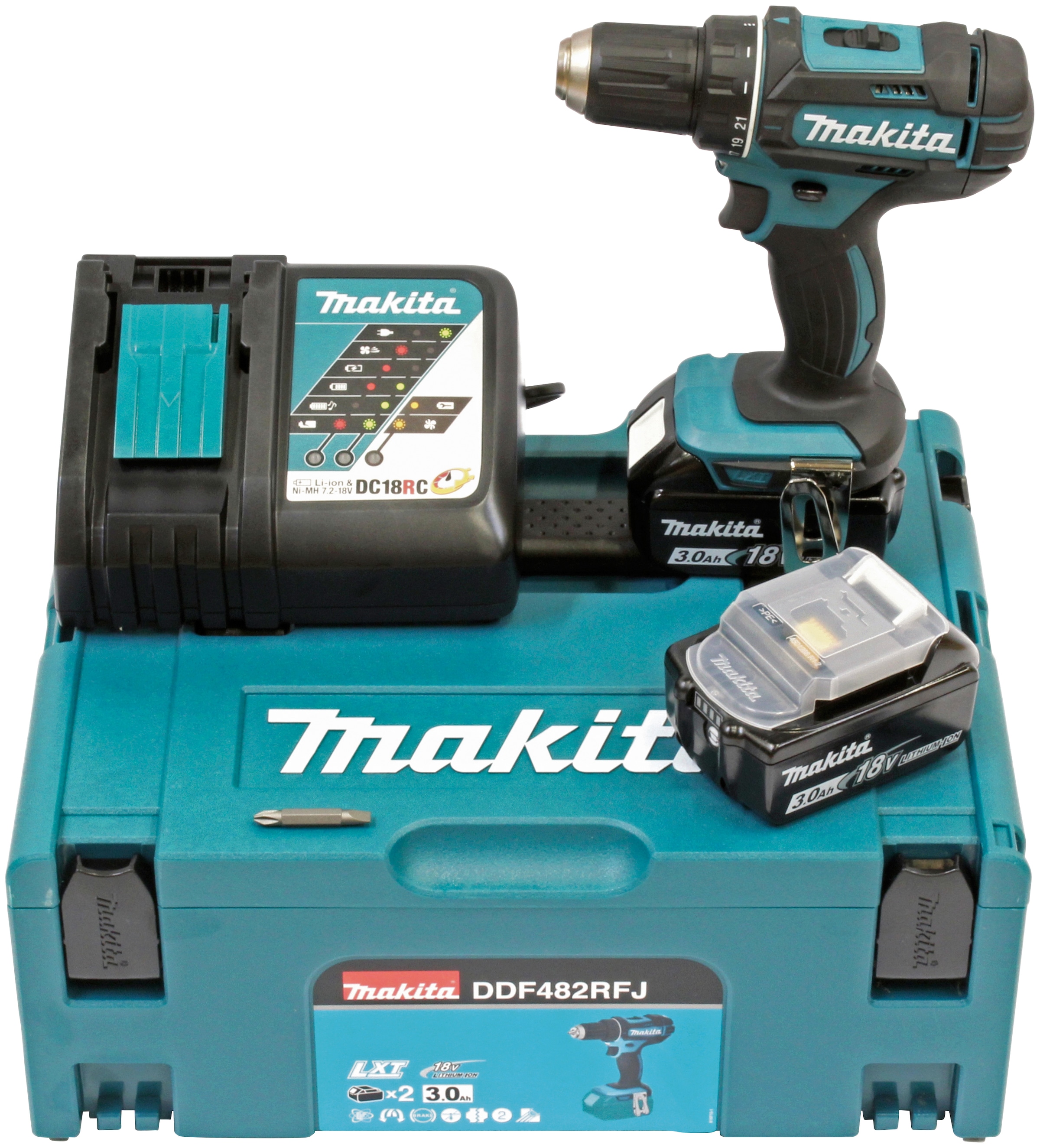 Makita, Akku-Bohrschrauber »DDF482RFJ« inkl. 2 Akkus 18V/3Ah, Ladegerät und Koffer, türkis, Aufwändiger Schutz gegen Staub und Spritzwasser