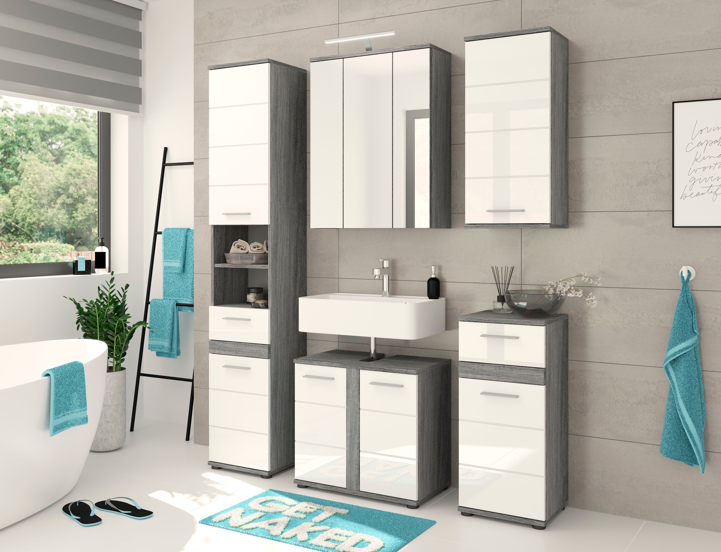 welltime Badezimmerspiegelschrank »LUCCA, TOPSELLER!, Breite 60cm, 3 Spiegeltüren, 9 Fächer, 6 Fachböden«, Badmöbel, Badschrank, Schrank, Wandschrank, Bad, Badezimmer