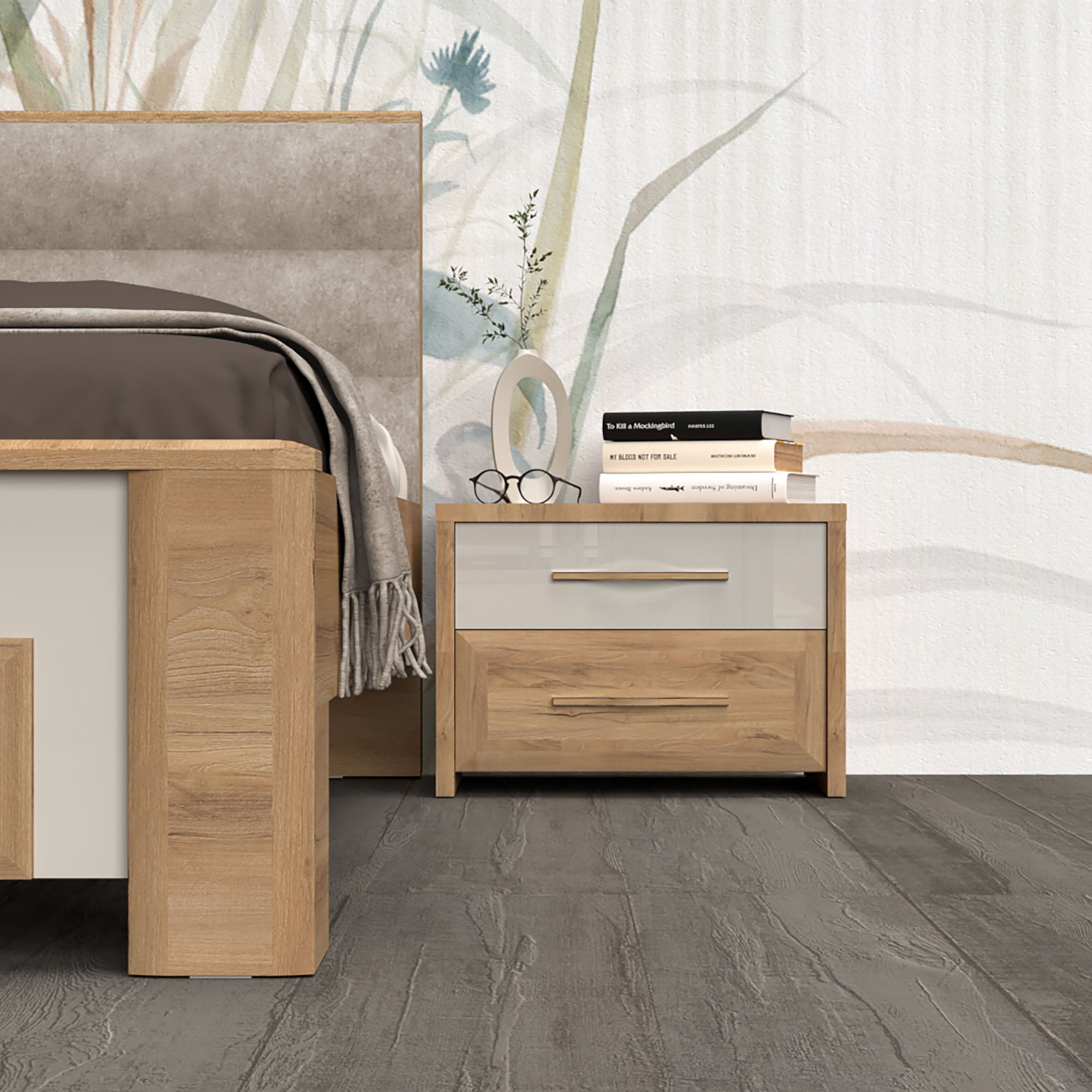 Home affaire Nachtkommode »Gala, beige hochglänzend UV lackiert und melaminbeschichtet, kratzfest«, (Soft-Close Funktion, Maße: B/T/H 57/41/41cm), mit 2 Schubladen, klassische Rahmenoptik, FSC-zertifiziert