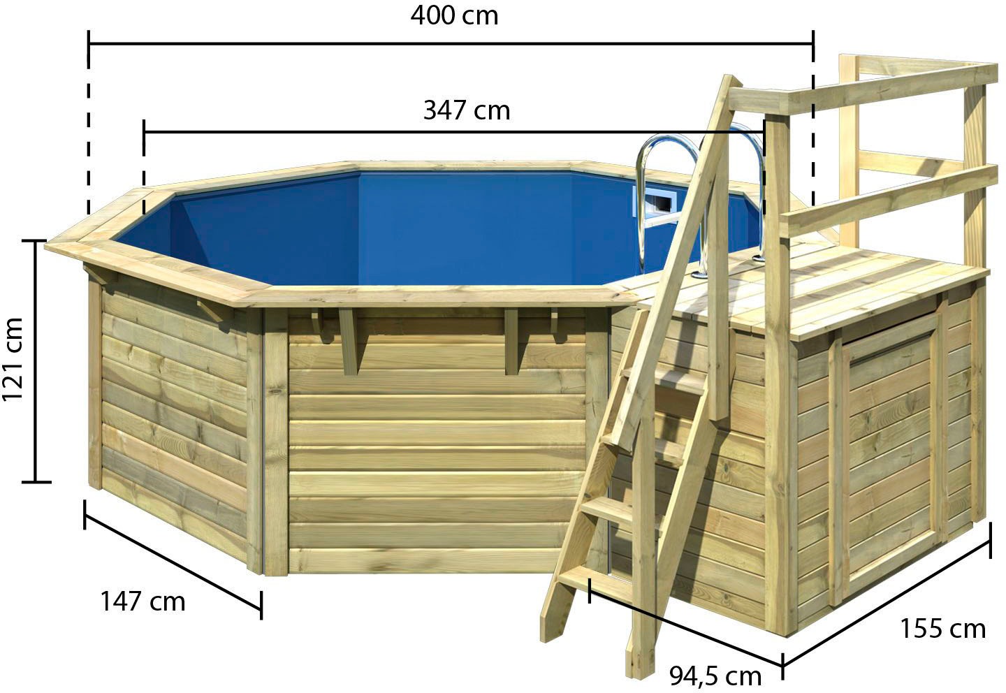 Karibu Achteckpool »Rimini 1X mit Sonnendeck«, (Set, 7 tlg.), BxLxH: 480x400x121cm