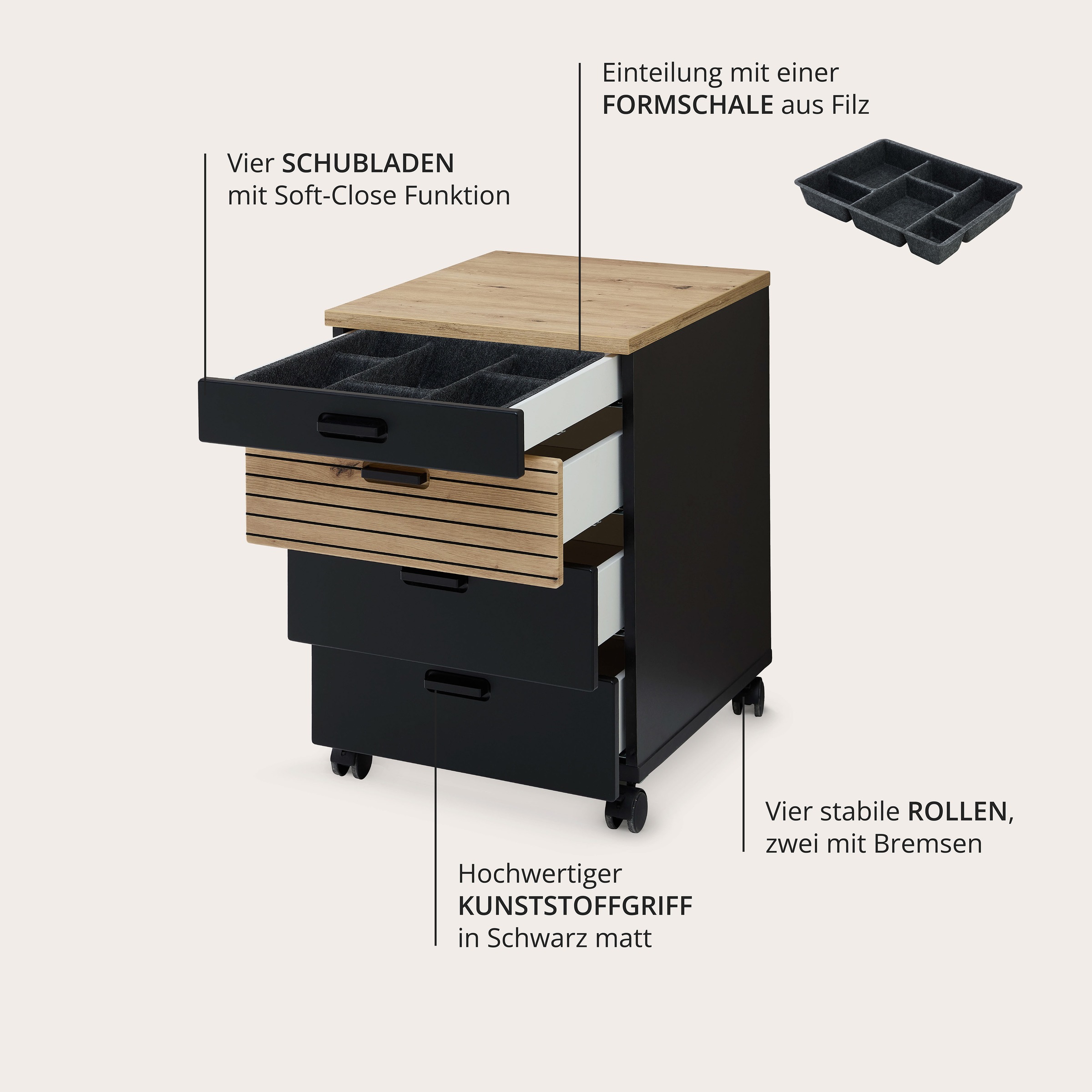 Innostyle Rollcontainer »Rollcontainer Glenn, 45 x 66 x 55 cm (B/H/T)« 1 Stk. tlg. inkl. Filzeinlage, 4 Rollen(2 mit Bremsen) oder Sockel, SK Soft-Close