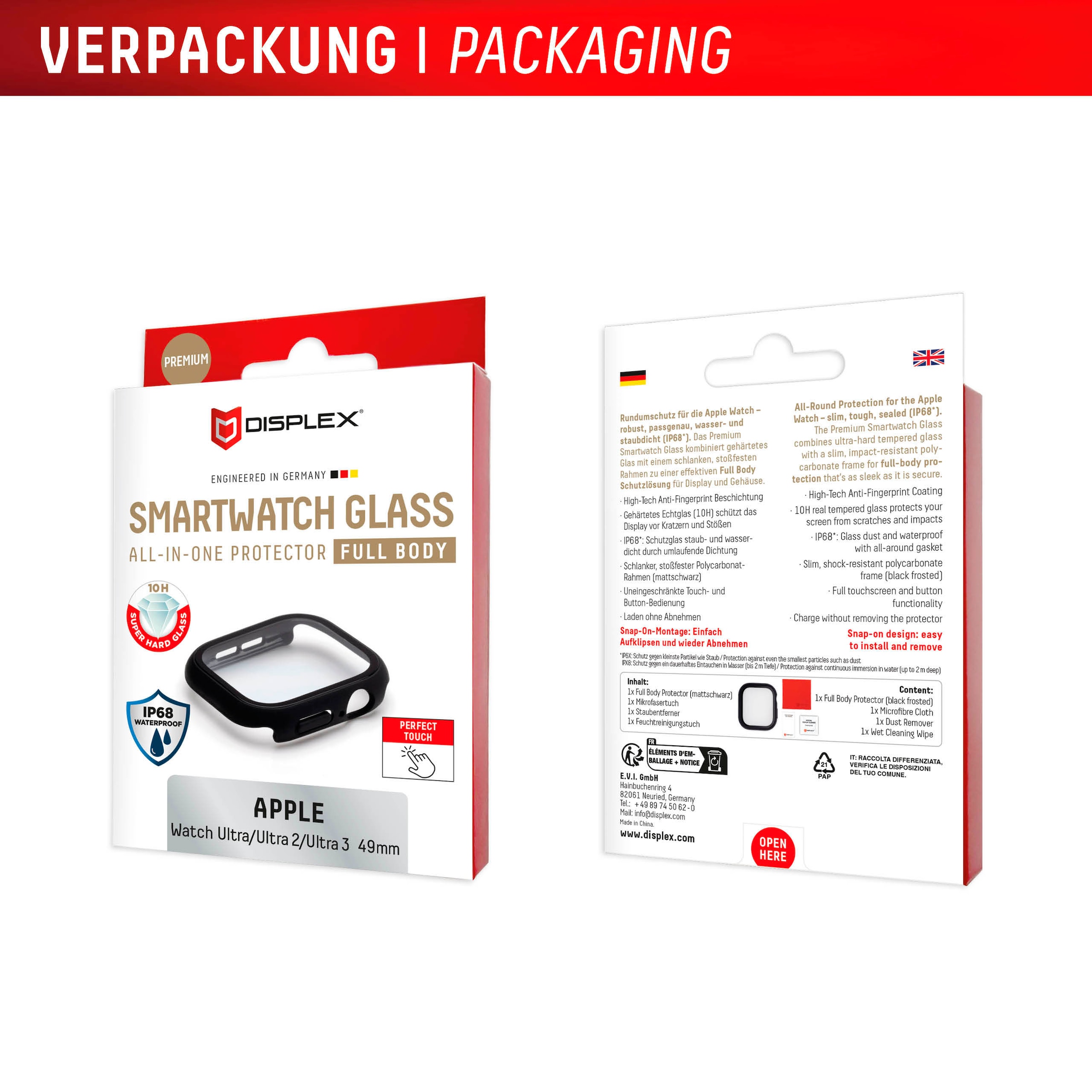 Displex Displayschutzglas »Smartwatch Glass All-In-One Protector Full Body« für Apple Watch Ultra 49 mm;Apple Watch Ultra 2 49 mm;Apple Watch Ultra 3 49 mm Displayschutzfolie, Schutzfolie, Bildschirmschutz, kratz- & stoßfest