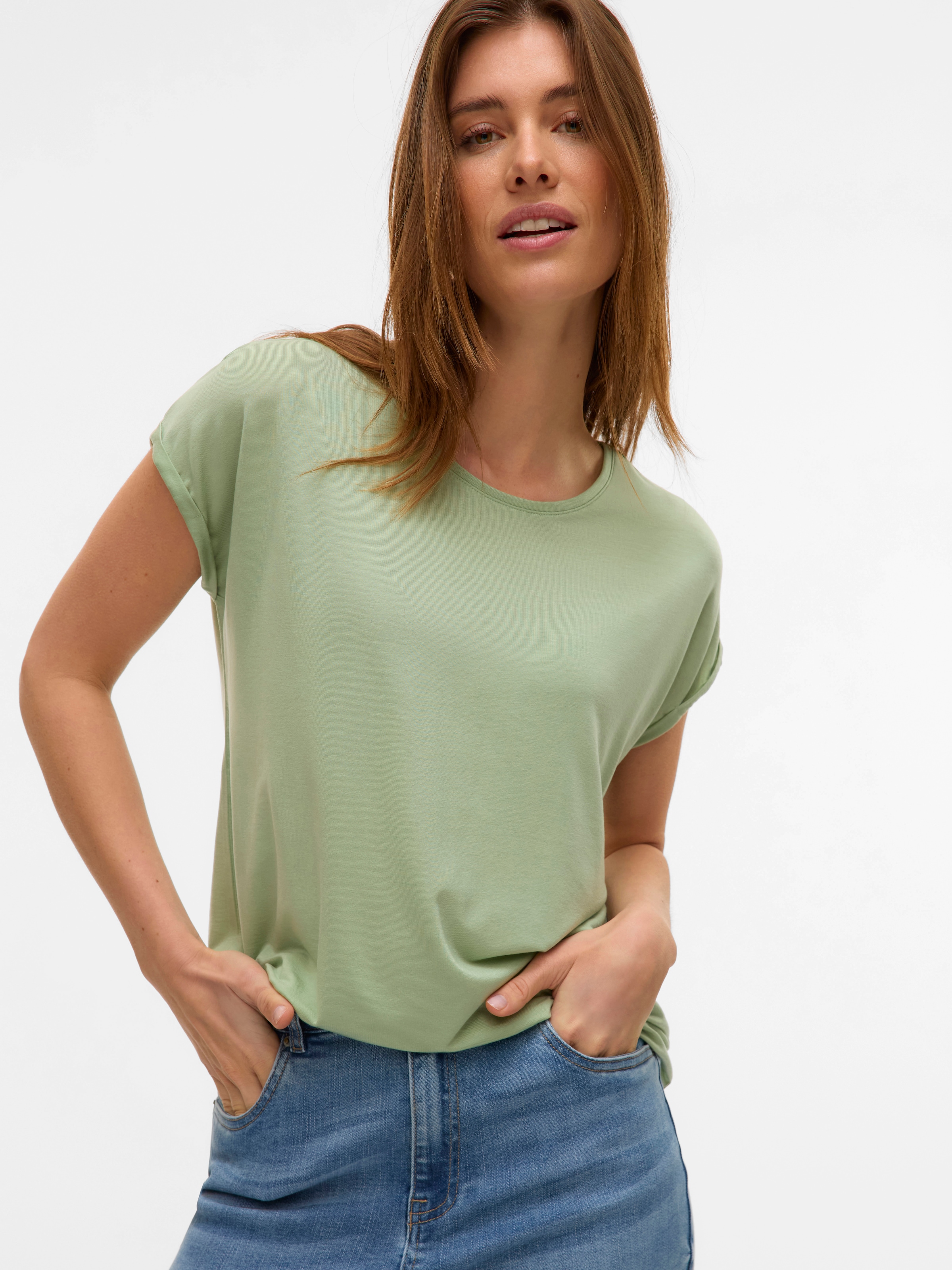Vero Moda Rundhalsshirt »VMAVA PLAIN SS TOP GAJRS NOOS« Materialmix, regular fit