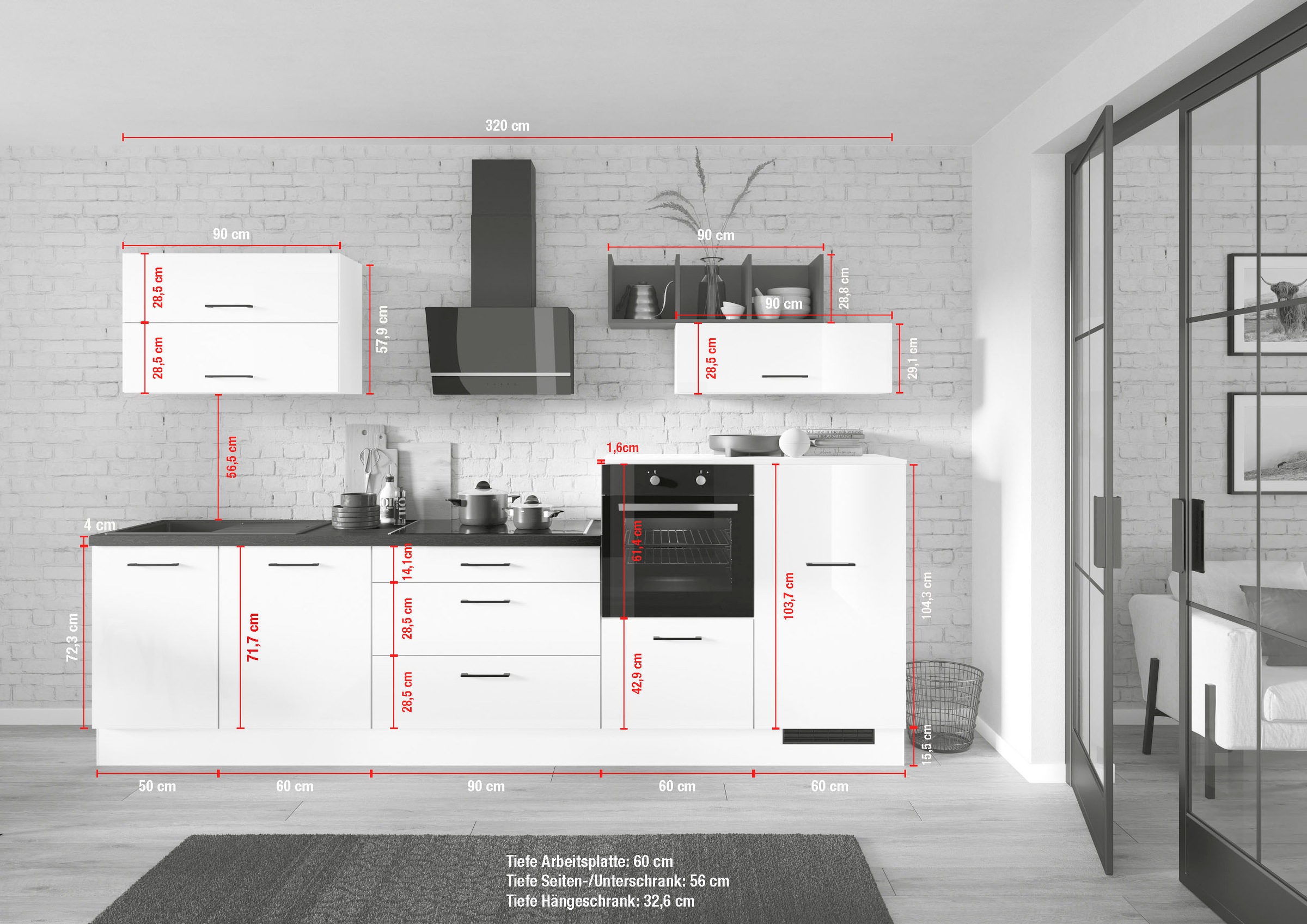 IMPULS KÜCHEN Küchenzeile »"New York", Schubkästen mit Soft-Close,«, (Set), wählbare Ausrichtung, Soft-Close-Schubkästen, Breite 320 cm