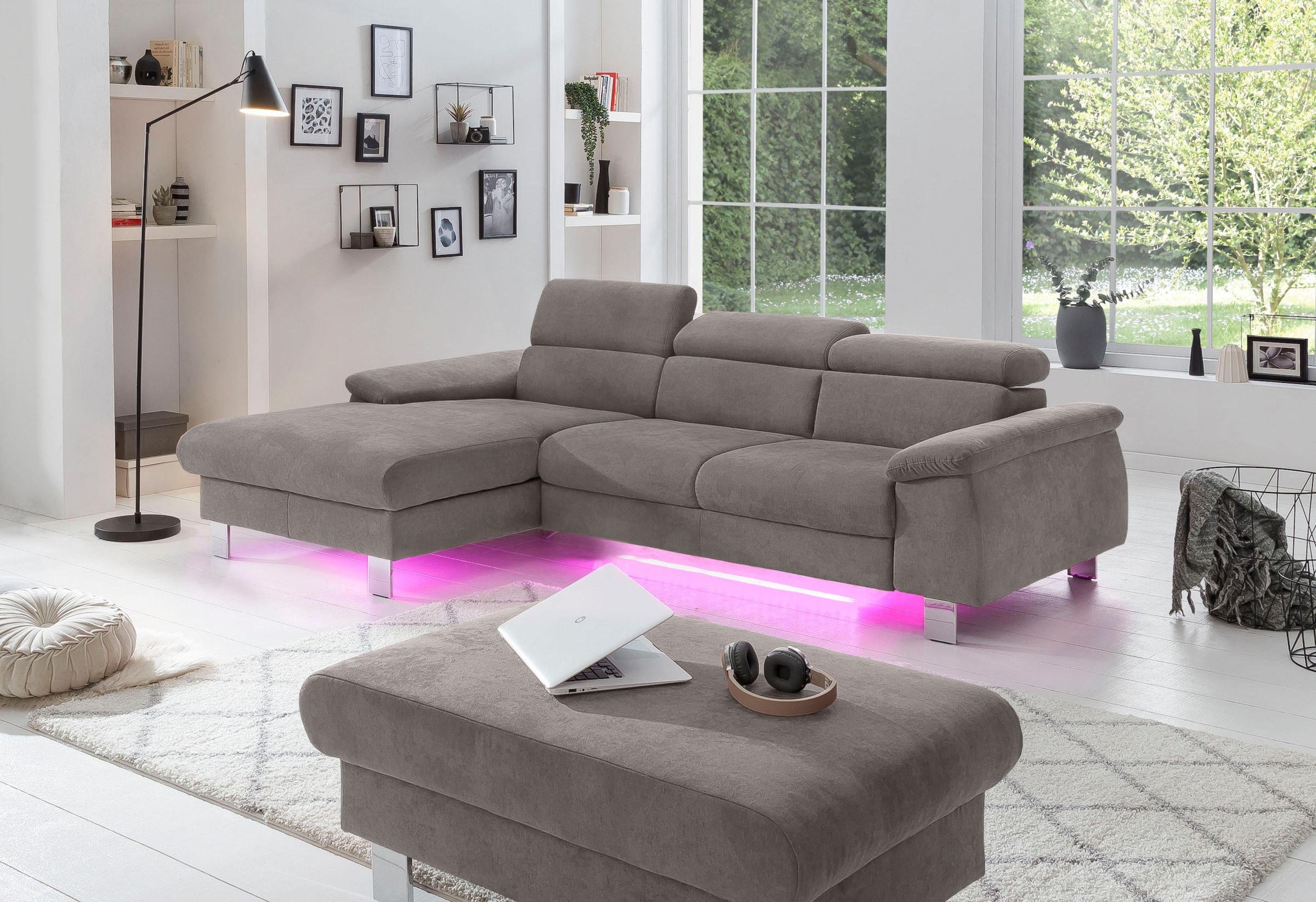 COTTA Ecksofa Komaris, Ecksofa, wahlweise mit RGB-LED-Beleuchtung und Bettfunktion/Bettkasten