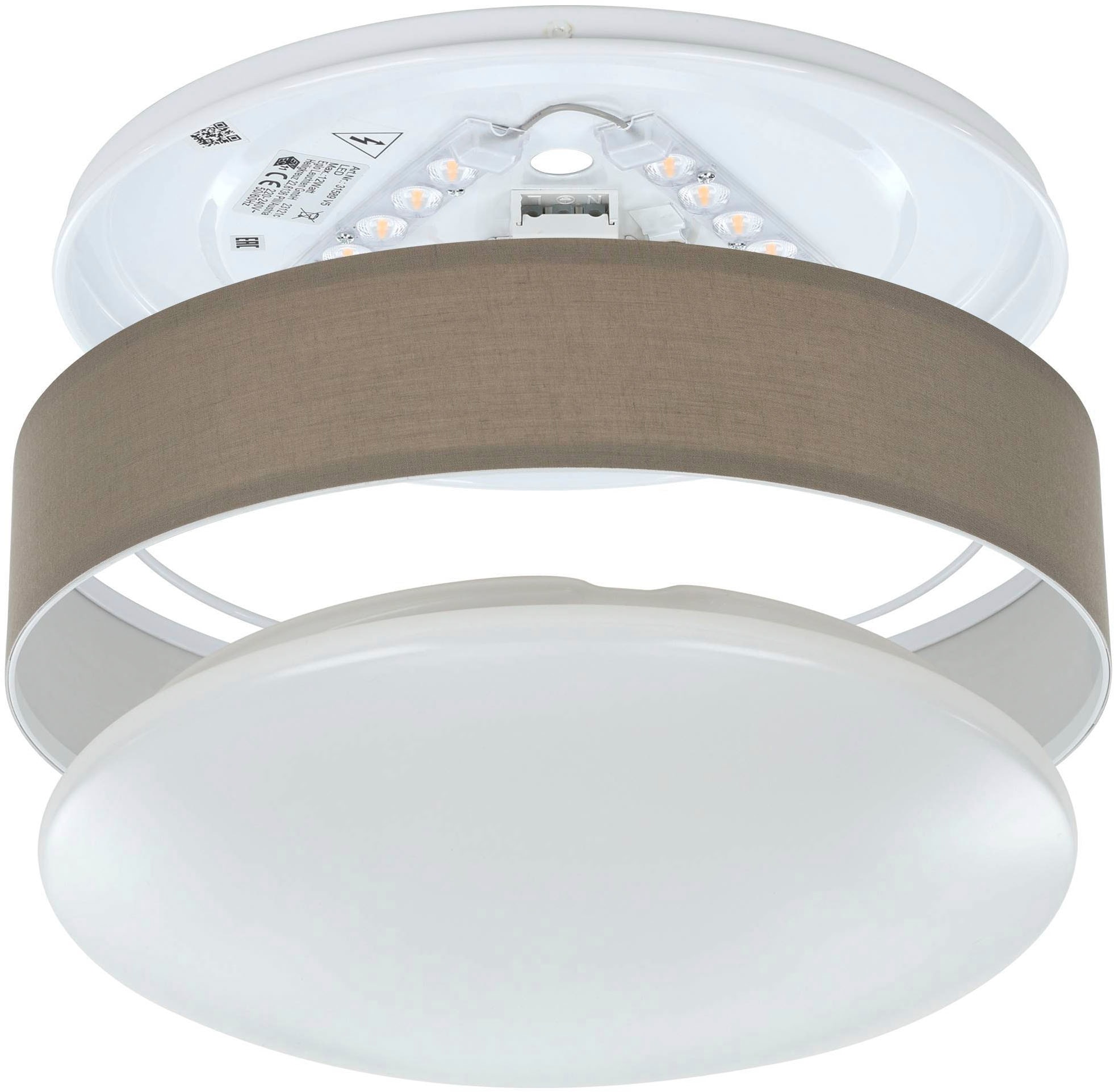 EGLO Deckenleuchte »Pasteri Deckenlampe, Lampe Decke, Esszimmerlampe, Kunststoff und Stoff« LED-Modul 1 Stk. Warmweiß Textil Deckenleuchte, Wohnzimmerlampe, Farbe: Taupe, weiß, Ø: 32 cm