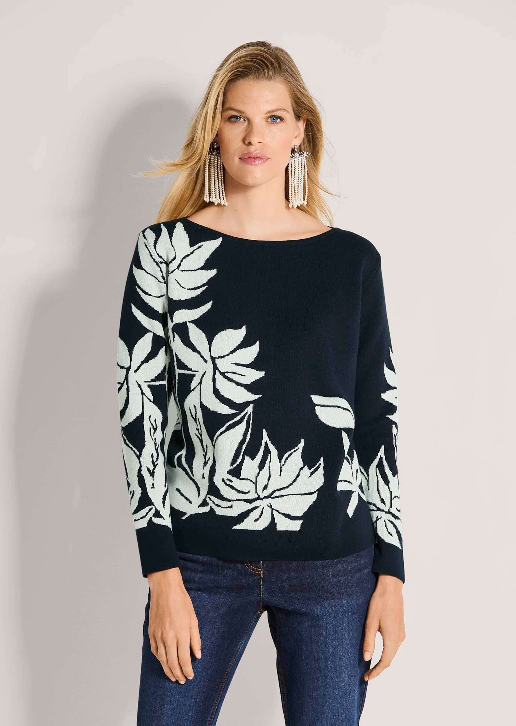 MADELEINE Longpullover »Feinstrickpullover Jacquardpullover mit floralem Muster« Jacquardmuster