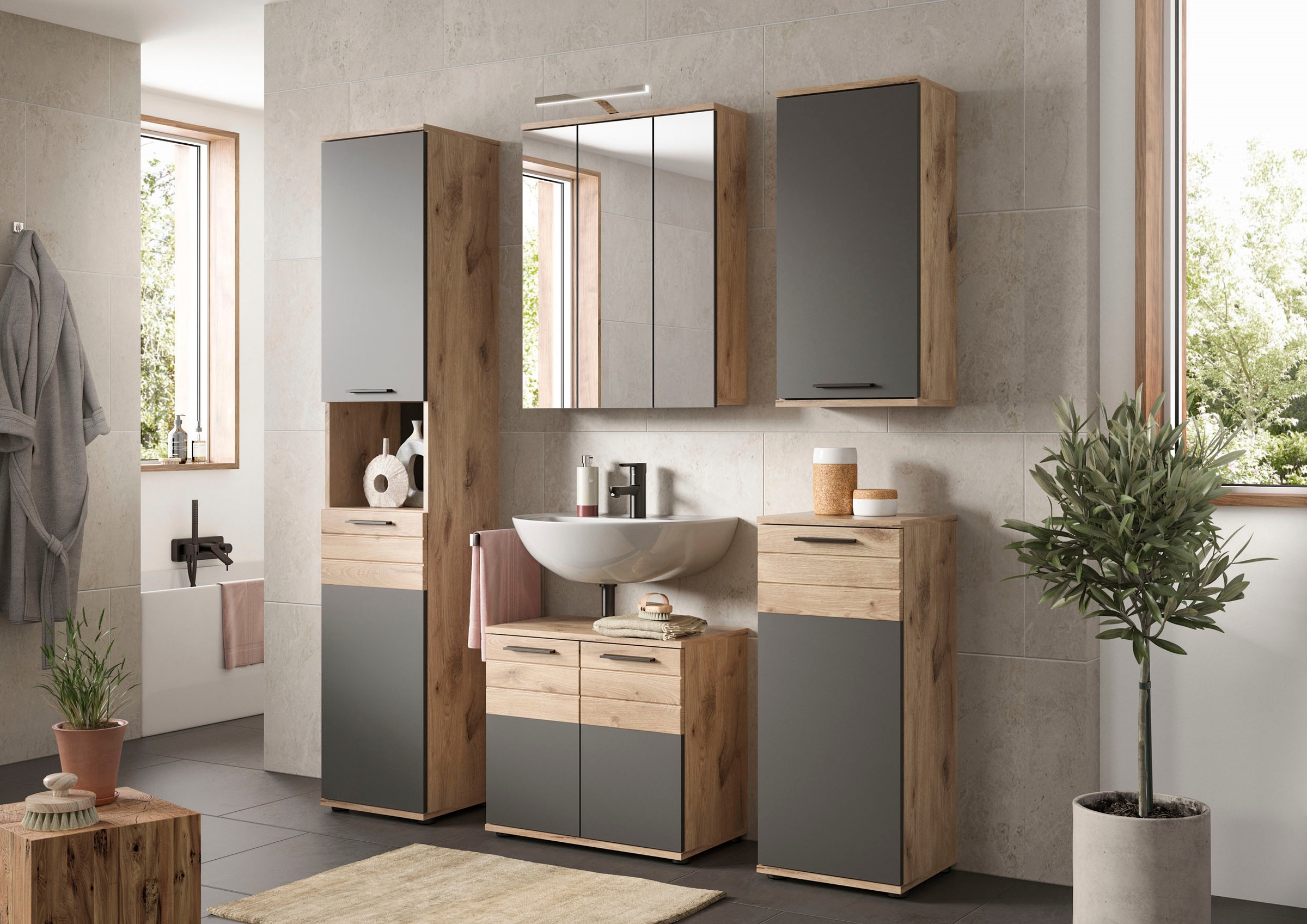 INOSIGN Badmöbel-Set »Riga, 3 teilig, bestehend aus:«, (Set), Hochschrank, Waschbeckenunterschrank, Spiegel