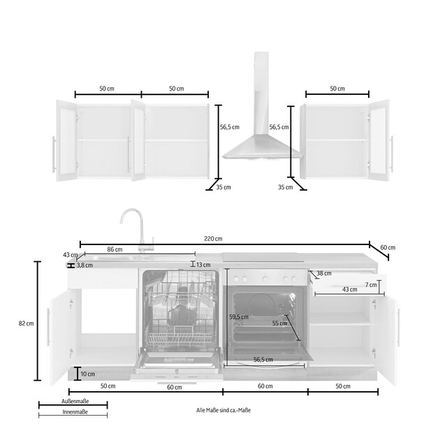 cm E-Geräten, »Aachen«, Küchenzeile mit auf Raten Küchen 220 Breite bestellen wiho