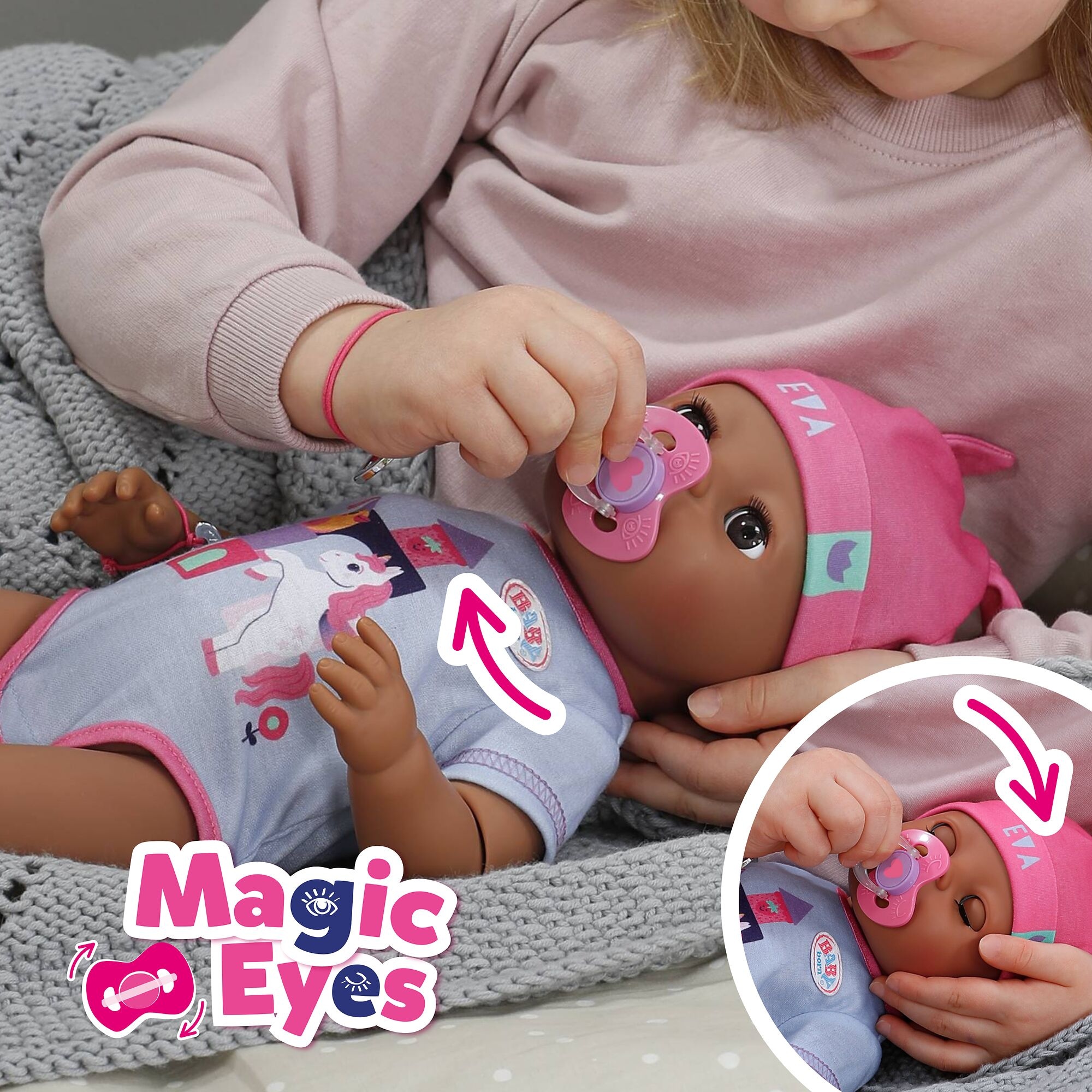 Baby Born Babypuppe »Eva Click & Play 43 cm« mit Click-&-Play: Hält Fläschchen und Löffel selbst - ohne Batterien